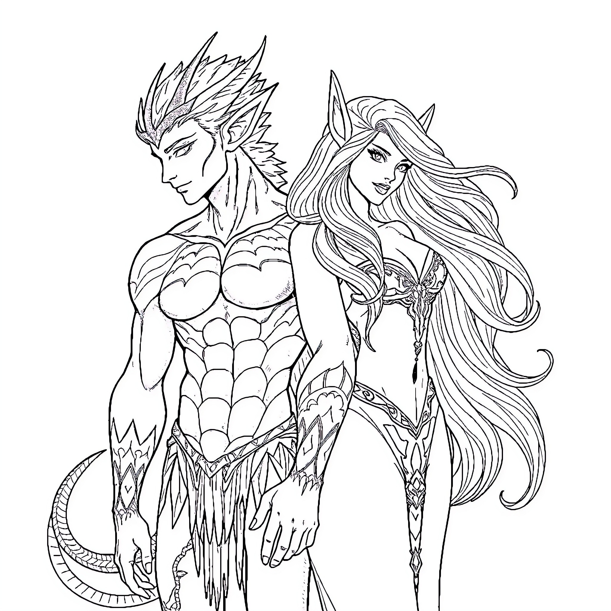 Fae warrior and magical princess Coloring Page (free black-and-white line drawing printable PDF for all, from beginners to advanced learners, including children, teens, adults, and seniors)