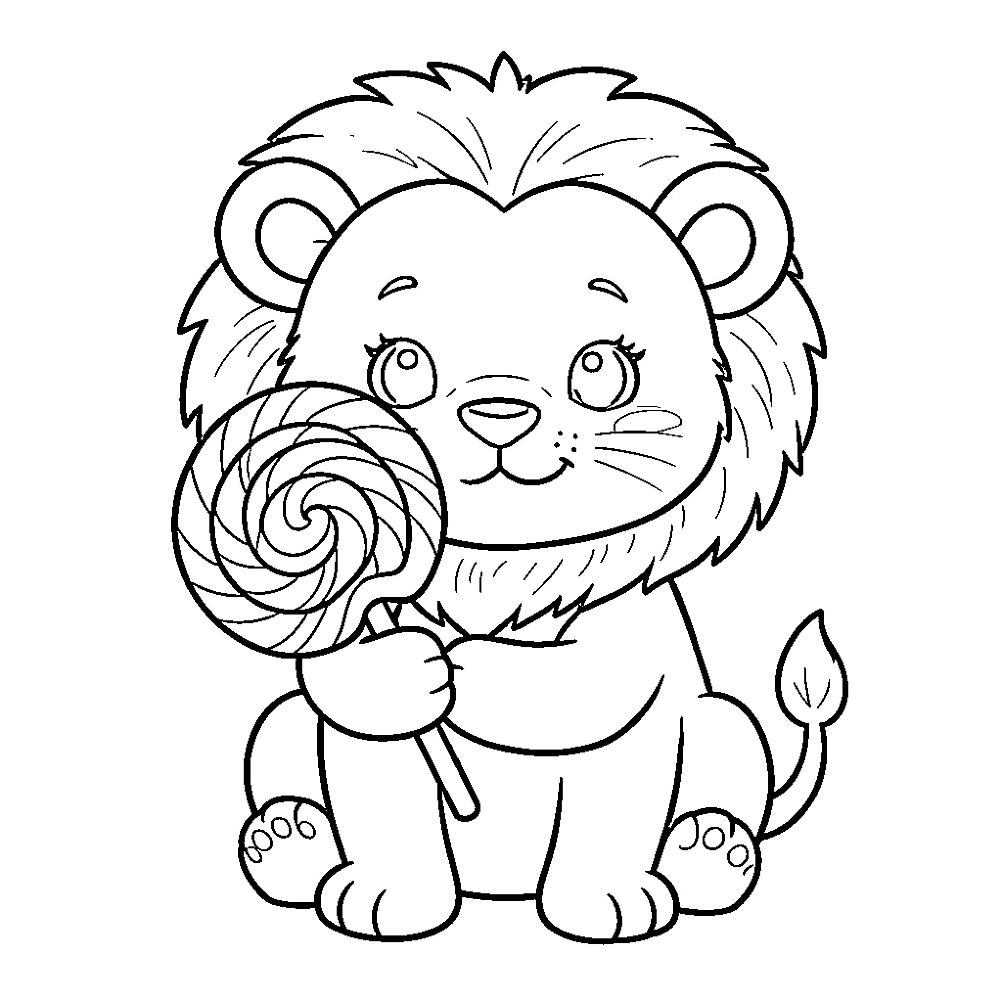 Lion cub enjoying a lollipop Coloring Page (free black-and-white line drawing printable PDF for all, from beginners to advanced learners, including children, teens, adults, and seniors)