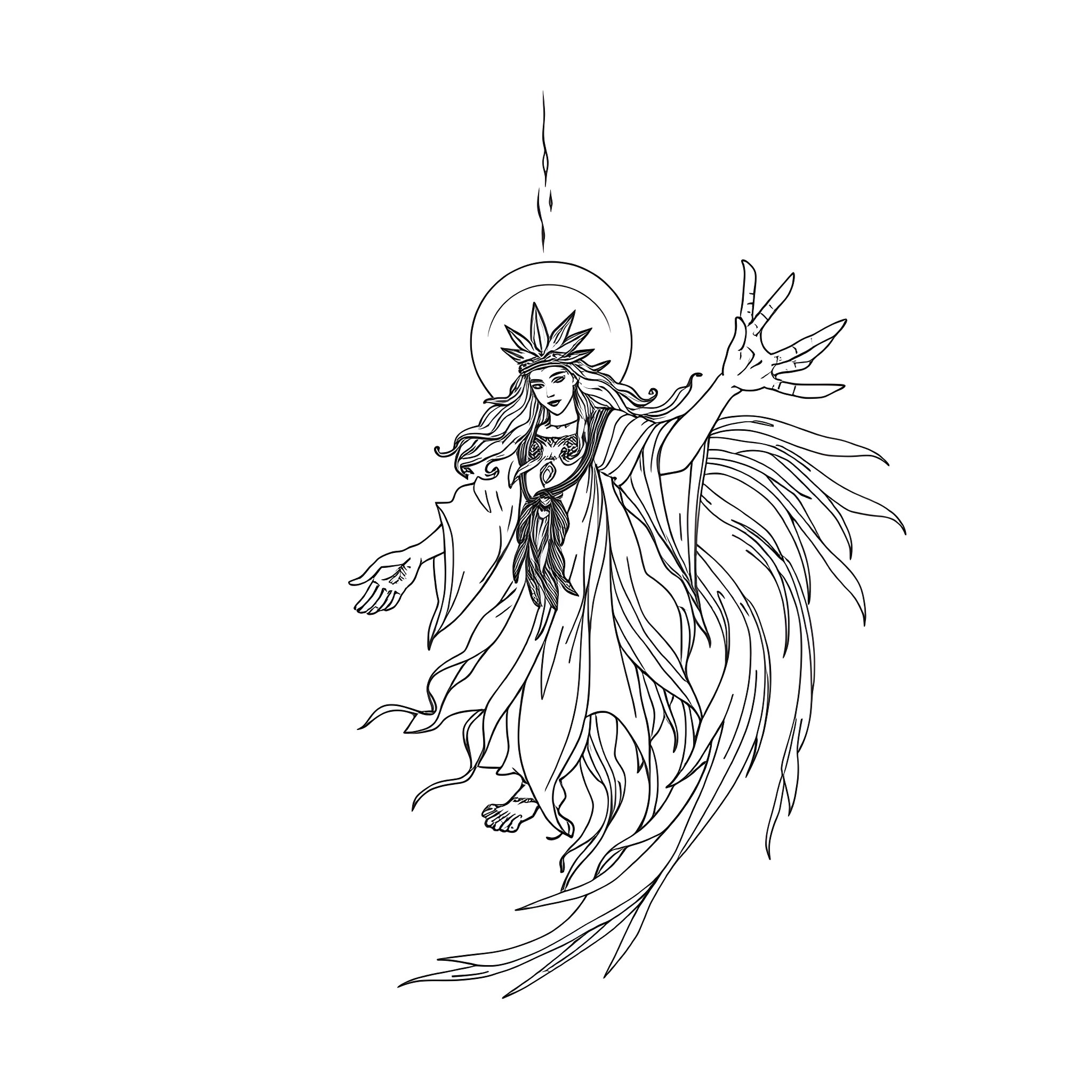 Great Spirit Maiden Dancing with Ethereal Grace Coloring Page (free black-and-white line drawing printable PDF for all, from beginners to advanced learners, including children, teens, adults, and seniors)