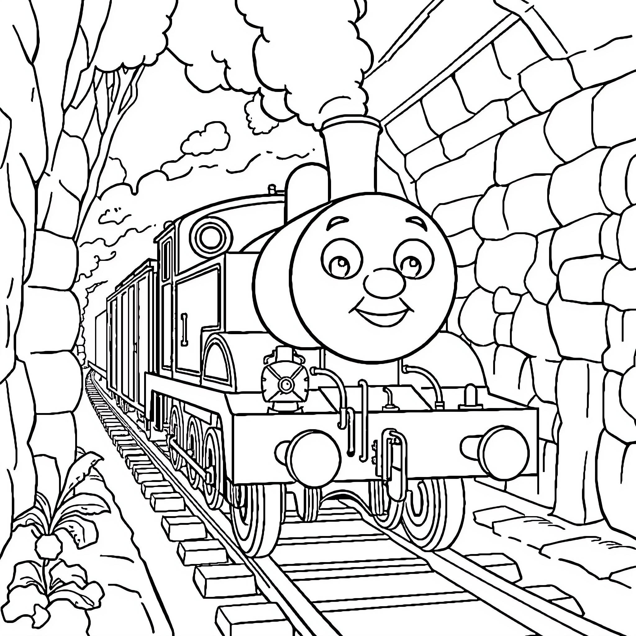 Thomas the Cheerful Train Chugging Through the Tunnel Coloring Page (free black-and-white line drawing printable PDF for all, from beginners to advanced learners, including children, teens, adults, and seniors)