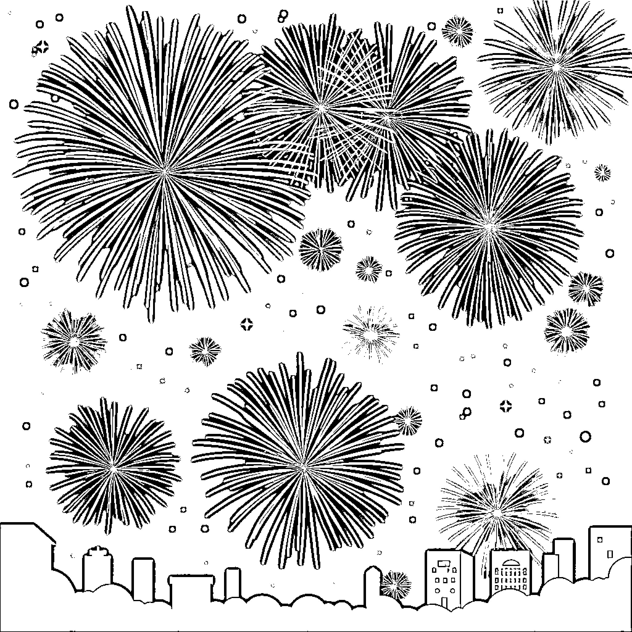 Firework display over a city skyline Coloring Page (free black-and-white line drawing printable PDF for all, from beginners to advanced learners, including children, teens, adults, and seniors)