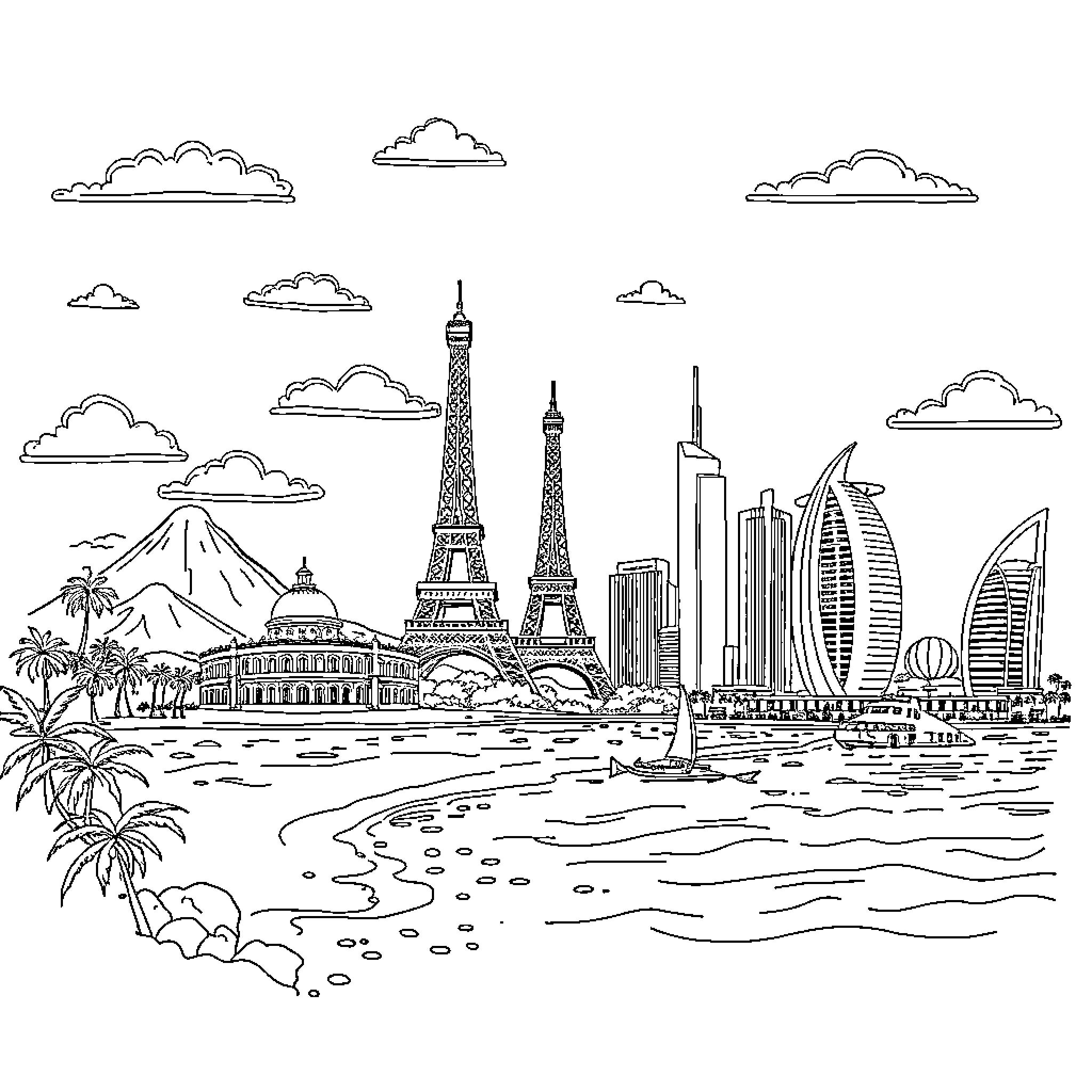 City skyline with iconic landmarks and scenery Coloring Page (free black-and-white line drawing printable PDF for all, from beginners to advanced learners, including children, teens, adults, and seniors)
