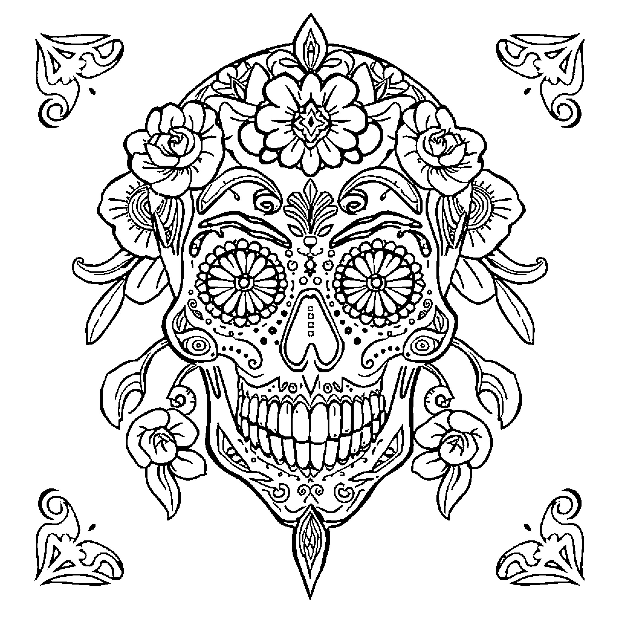 Skull adorned with intricate floral patterns Coloring Page (free black-and-white line drawing printable PDF for all, from beginners to advanced learners, including children, teens, adults, and seniors)