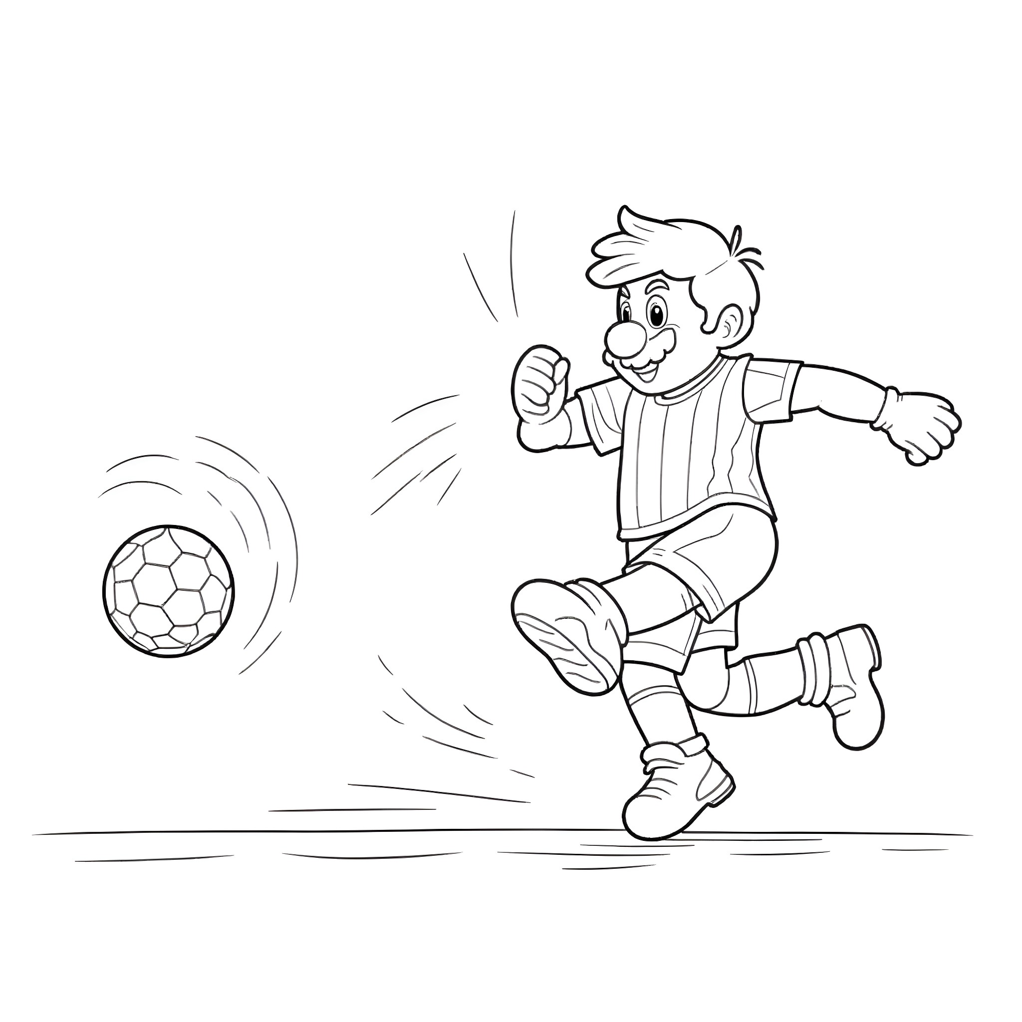 Mario kicking a soccer ball happily Coloring Page (free black-and-white line drawing printable PDF for all, from beginners to advanced learners, including children, teens, adults, and seniors)