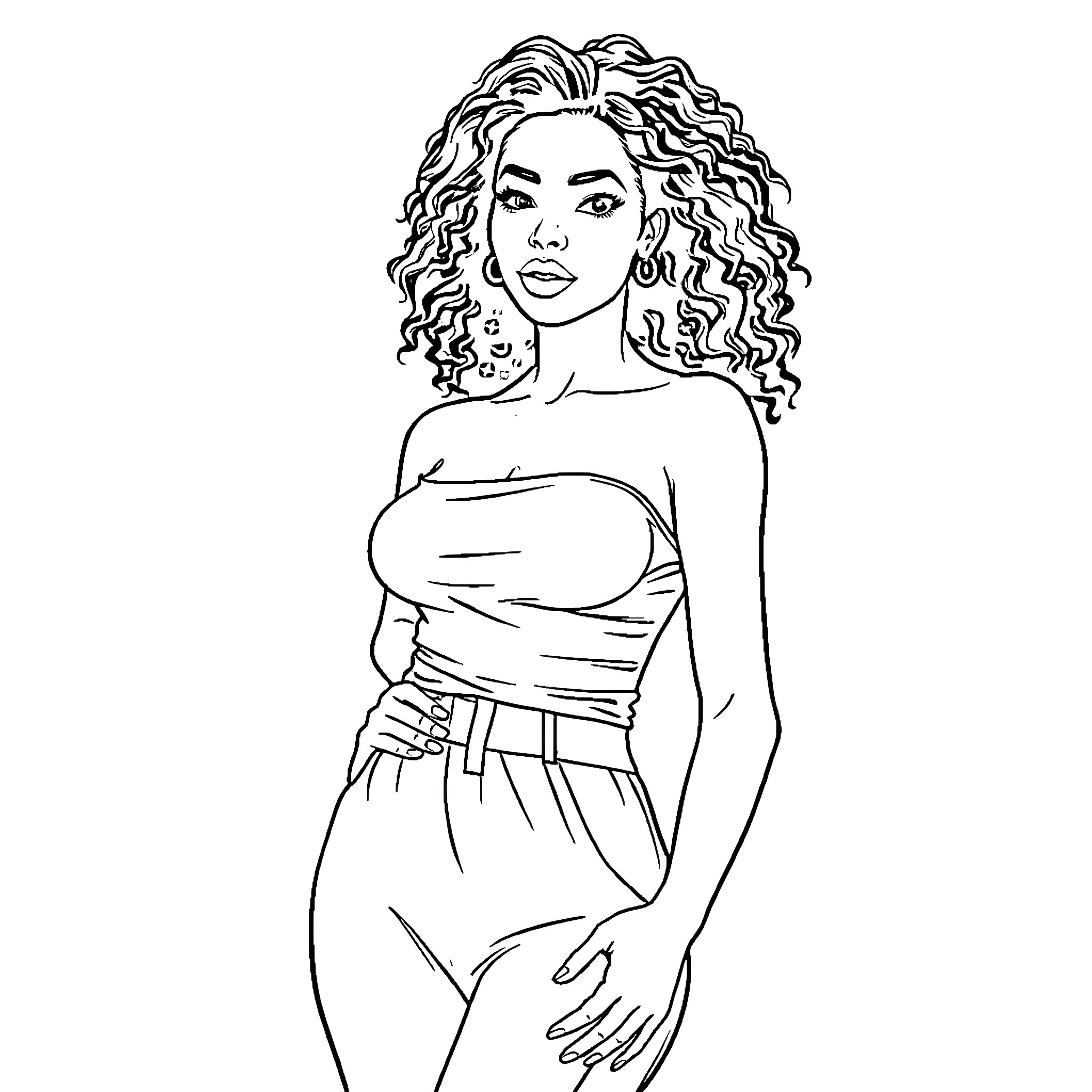 Woman with curly hair in a strapless outfit Coloring Page (free black-and-white line drawing printable PDF for all, from beginners to advanced learners, including children, teens, adults, and seniors)