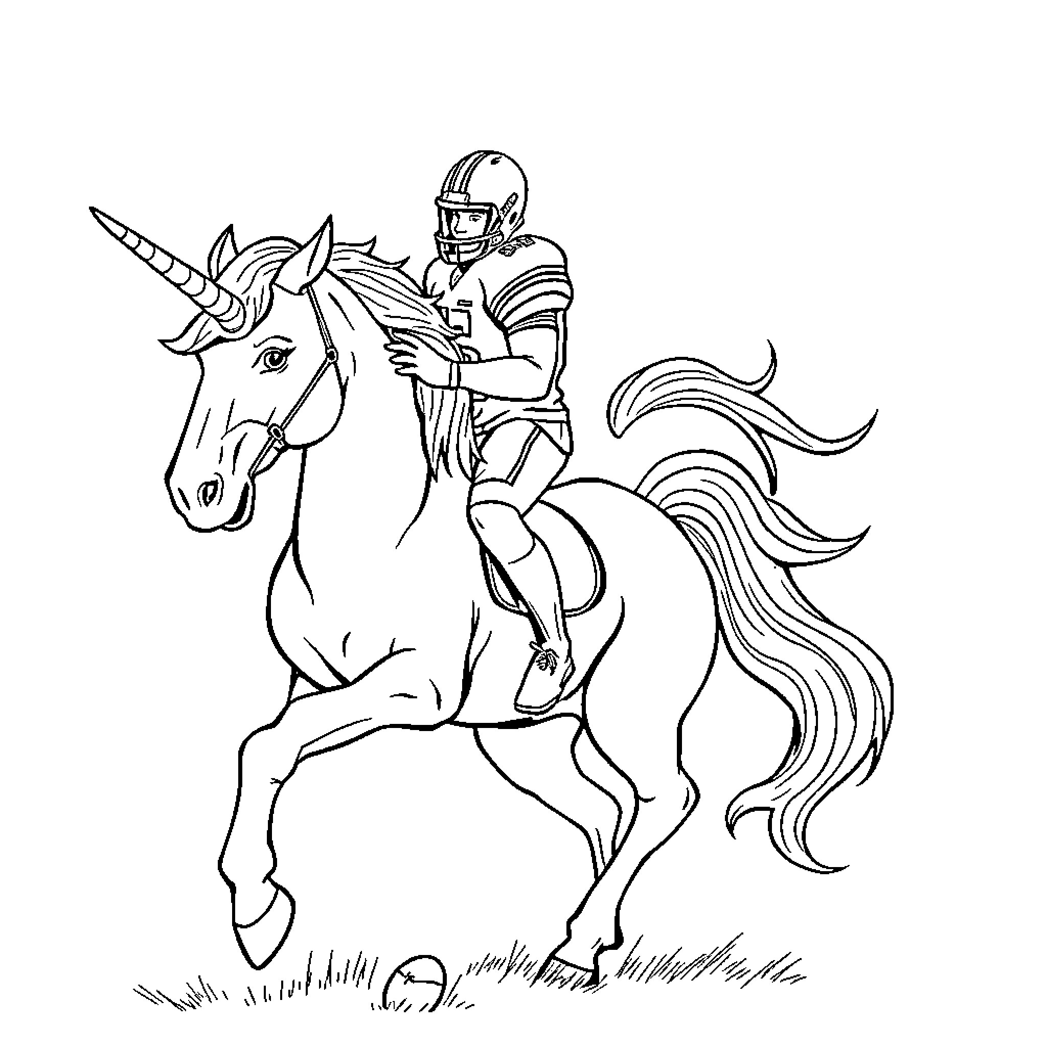 Football Player Riding Mythical Unicorn Coloring Page (free black-and-white line drawing printable PDF for all, from beginners to advanced learners, including children, teens, adults, and seniors)