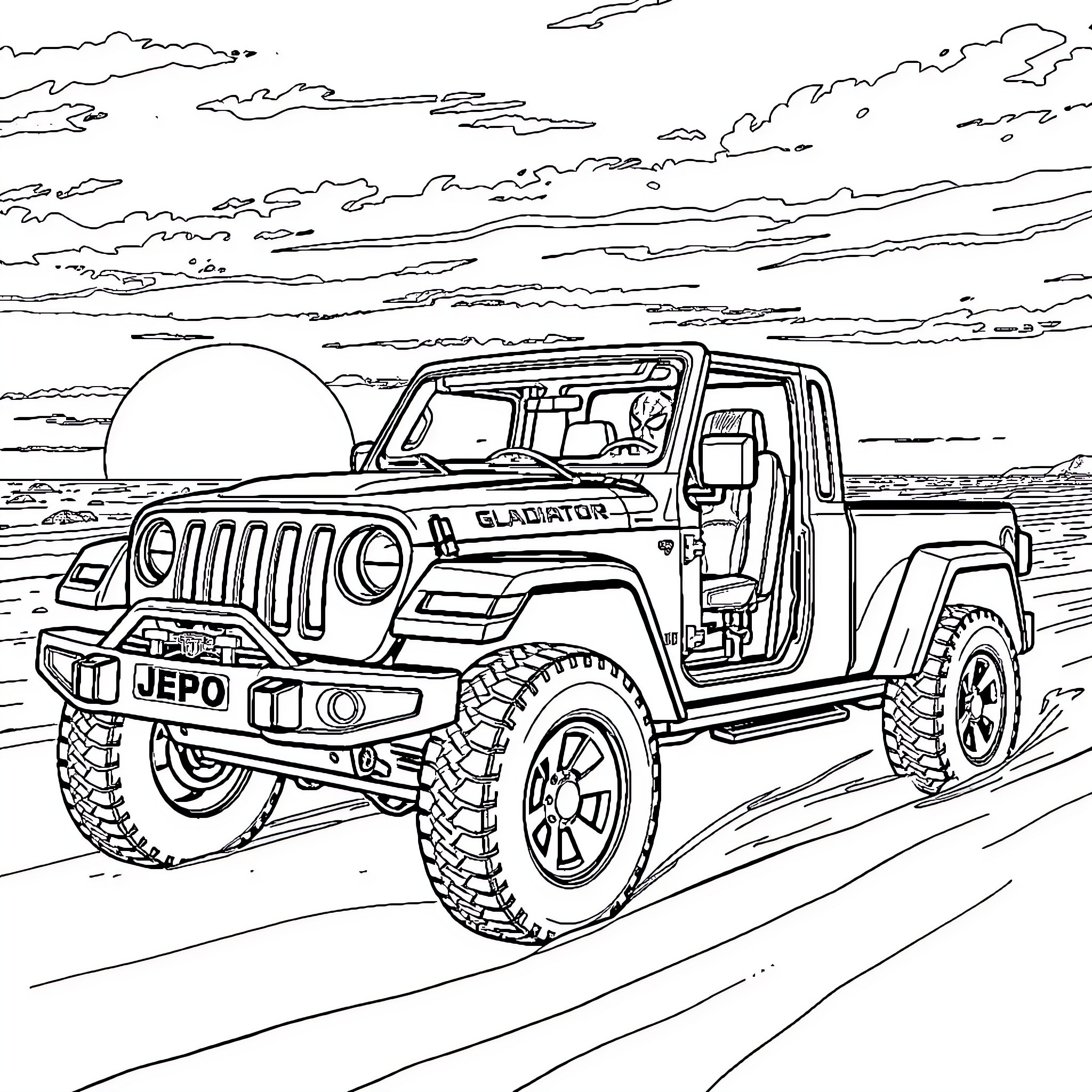 Spiderman Jeep Gladiator exploring rugged terrain Coloring Page (free black-and-white line drawing printable PDF for all, from beginners to advanced learners, including children, teens, adults, and seniors)
