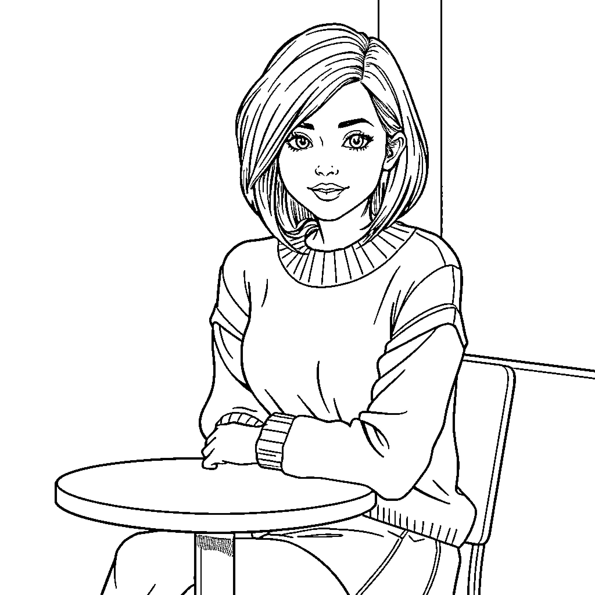 Woman sitting calmly at a table Coloring Page (free black-and-white line drawing printable PDF for all, from beginners to advanced learners, including children, teens, adults, and seniors)