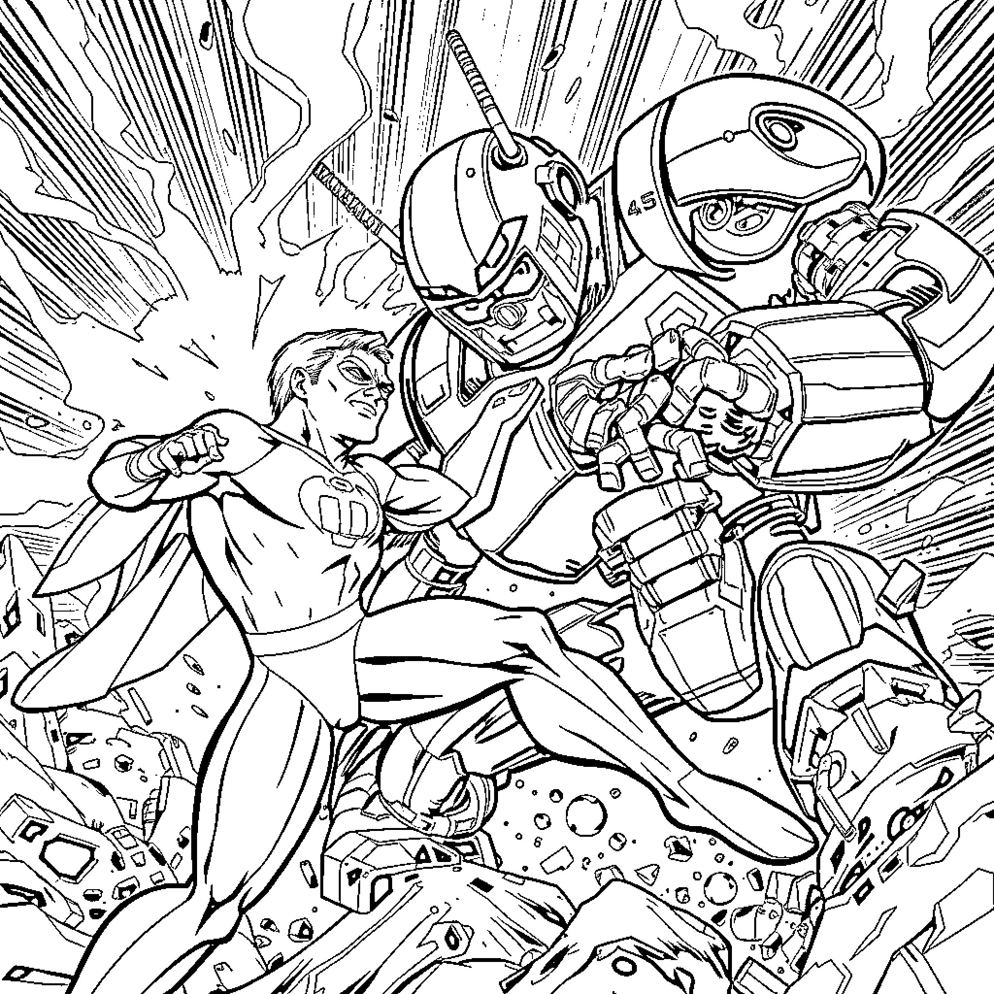 Mr Incredible battles a powerful adversary in epic clash Coloring Page (free black-and-white line drawing printable PDF for all, from beginners to advanced learners, including children, teens, adults, and seniors)