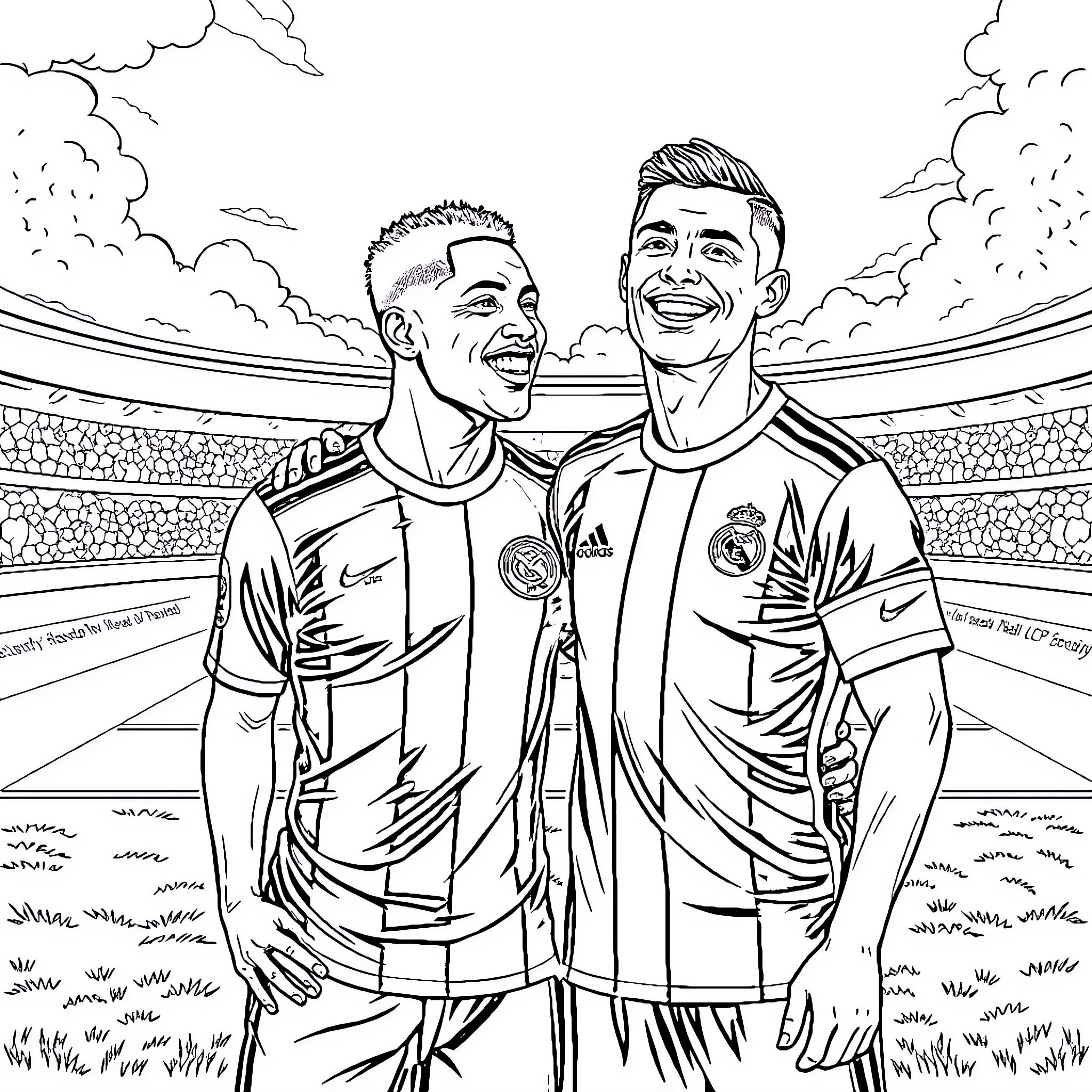 Mbappe and Ronaldo celebrate in stadium Coloring Page (free black-and-white line drawing printable PDF for all, from beginners to advanced learners, including children, teens, adults, and seniors)