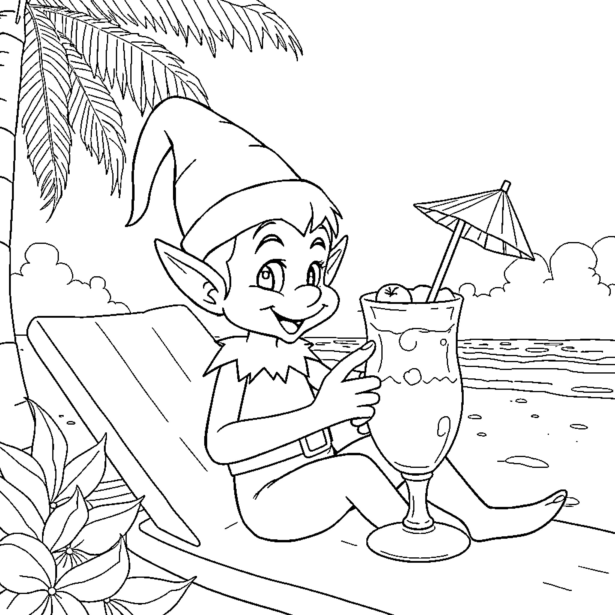 Elf enjoying a tropical drink by the beach Coloring Page (free black-and-white line drawing printable PDF for all, from beginners to advanced learners, including children, teens, adults, and seniors)