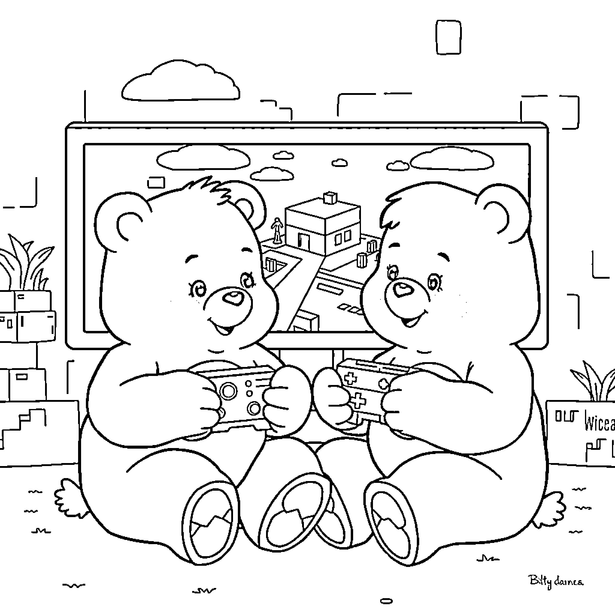 Carebear friends playing video games together Coloring Page (free black-and-white line drawing printable PDF for all, from beginners to advanced learners, including children, teens, adults, and seniors)