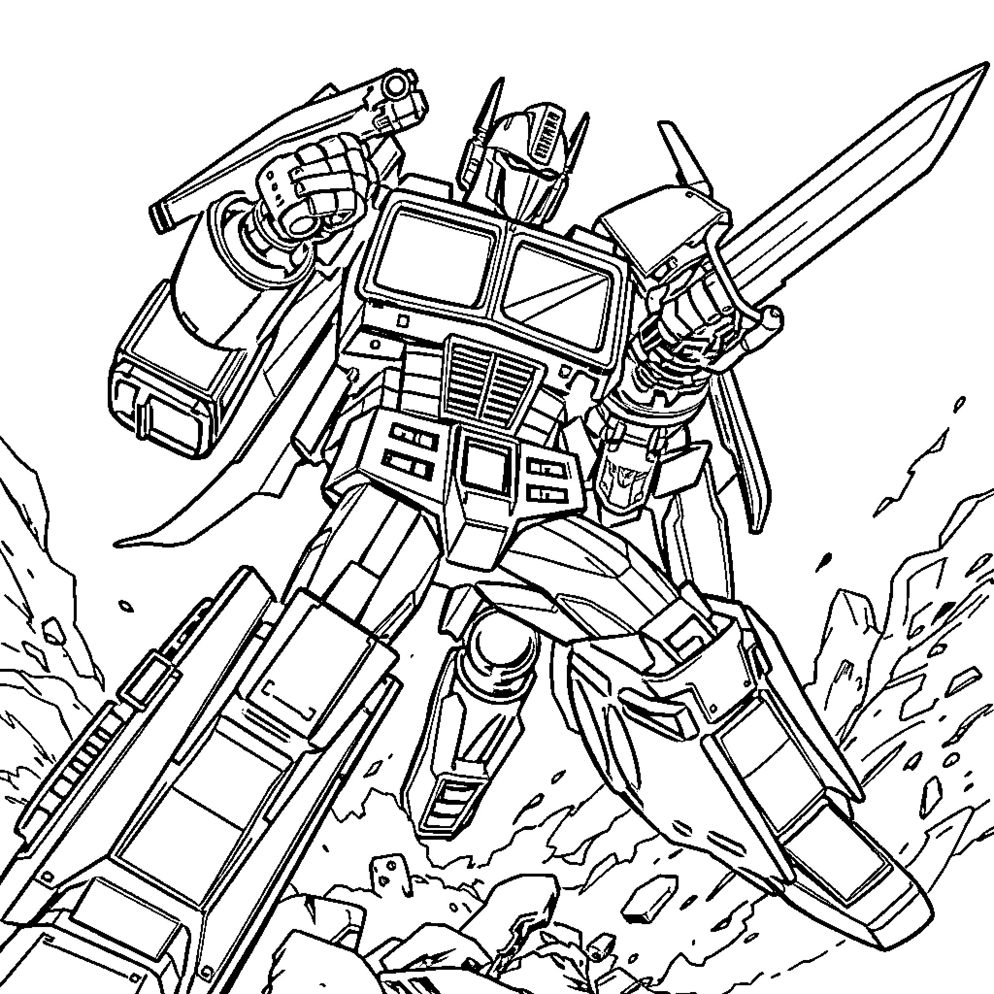 Optimus Prime in epic battle stance Coloring Page (free black-and-white line drawing printable PDF for all, from beginners to advanced learners, including children, teens, adults, and seniors)