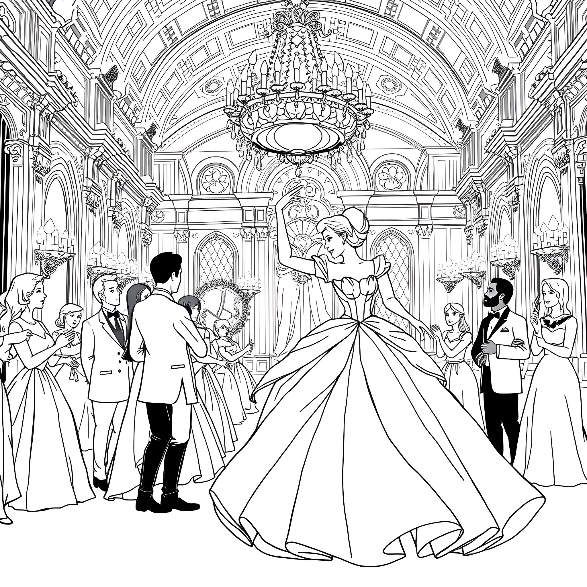 Cinderella's grand ball in a lavish palace Coloring Page (free black-and-white line drawing printable PDF for all, from beginners to advanced learners, including children, teens, adults, and seniors)