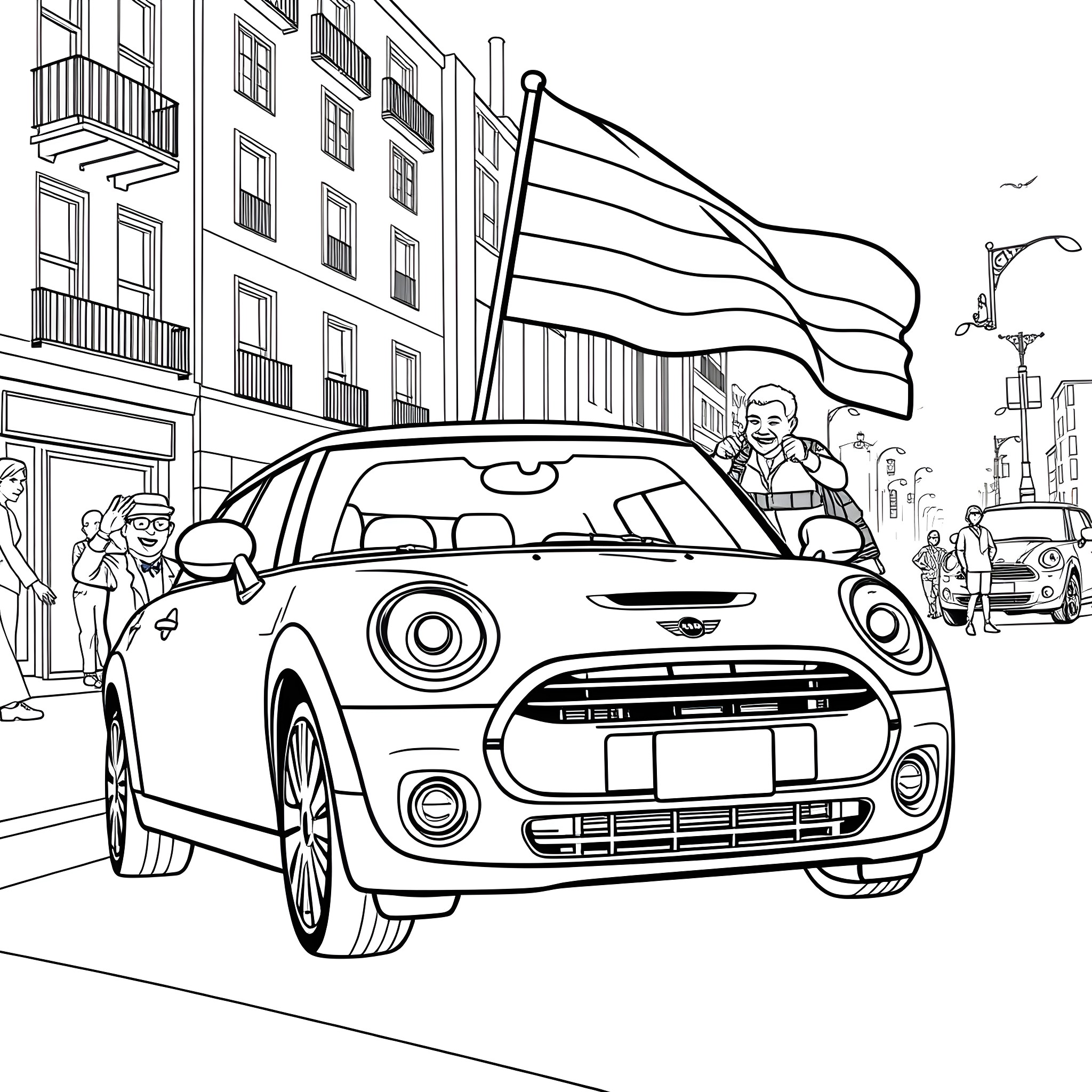 Mini Clubman driving through urban city streets Coloring Page (free black-and-white line drawing printable PDF for all, from beginners to advanced learners, including children, teens, adults, and seniors)