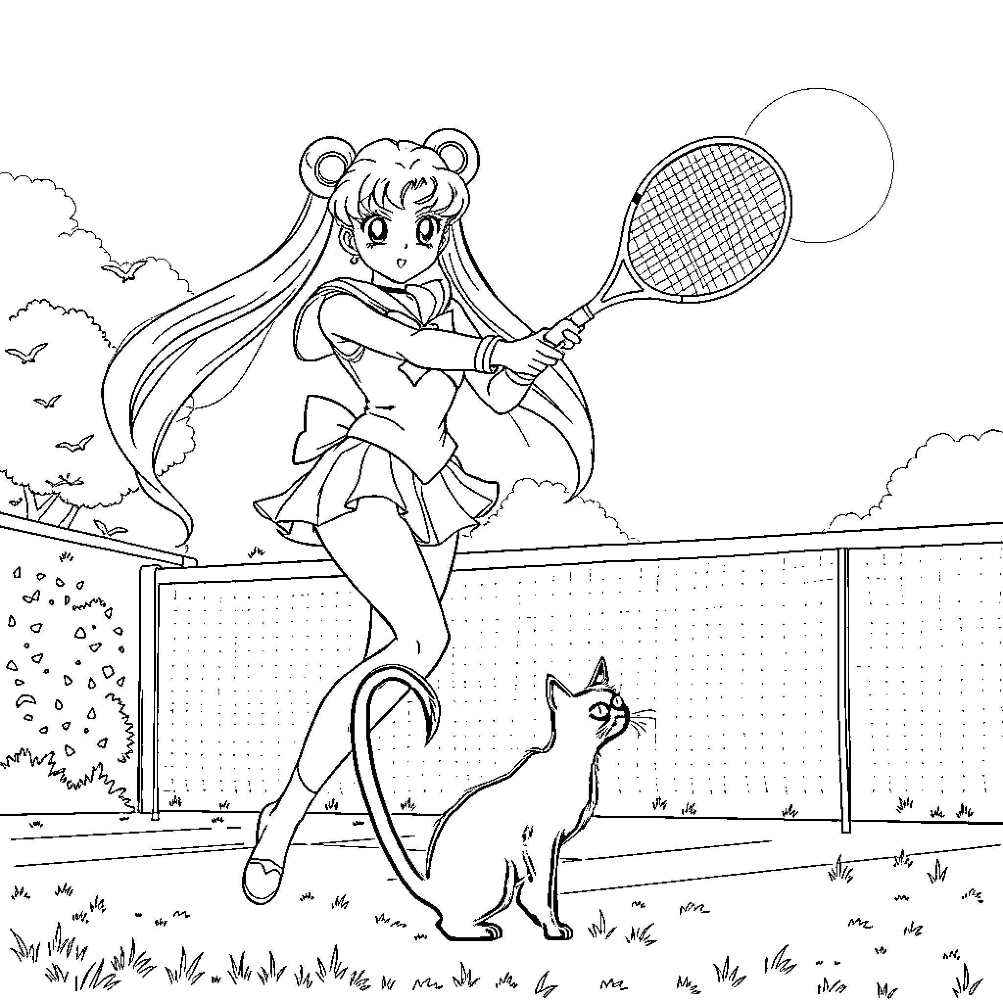 Sailor Moon playing tennis with her cat companion Coloring Page (free black-and-white line drawing printable PDF for all, from beginners to advanced learners, including children, teens, adults, and seniors)