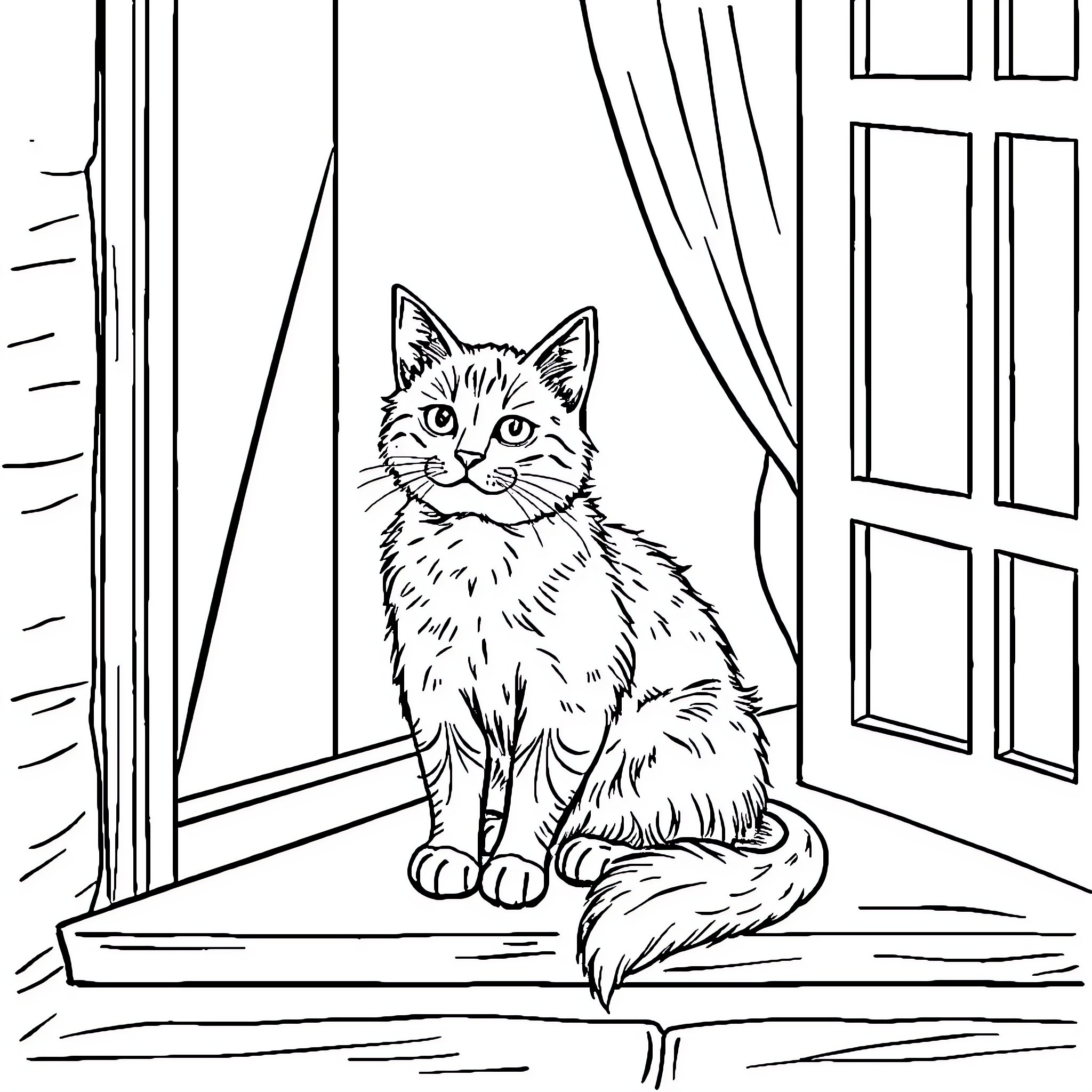 Cat Sitting Peacefully by Window Coloring Page (free black-and-white line drawing printable PDF for all, from beginners to advanced learners, including children, teens, adults, and seniors)