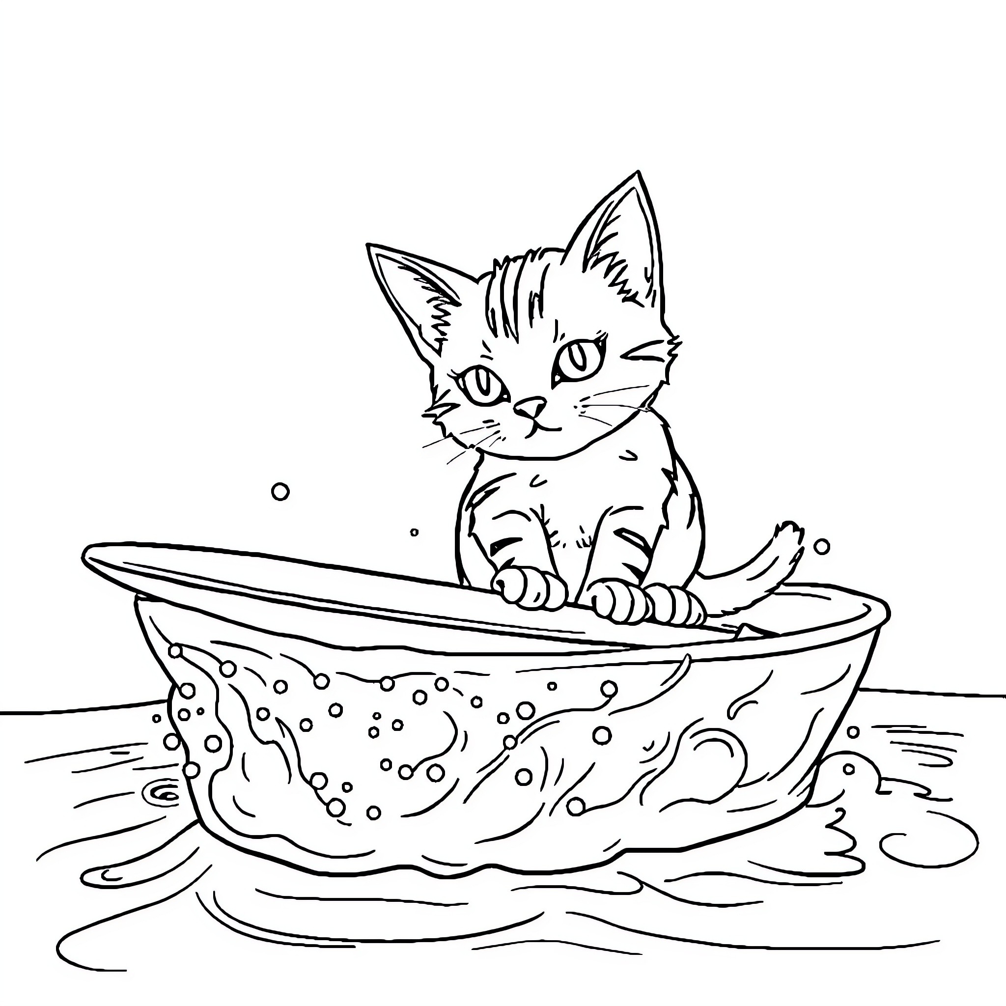 Chat about a curious kitty in a boat Coloring Page (free black-and-white line drawing printable PDF for all, from beginners to advanced learners, including children, teens, adults, and seniors)