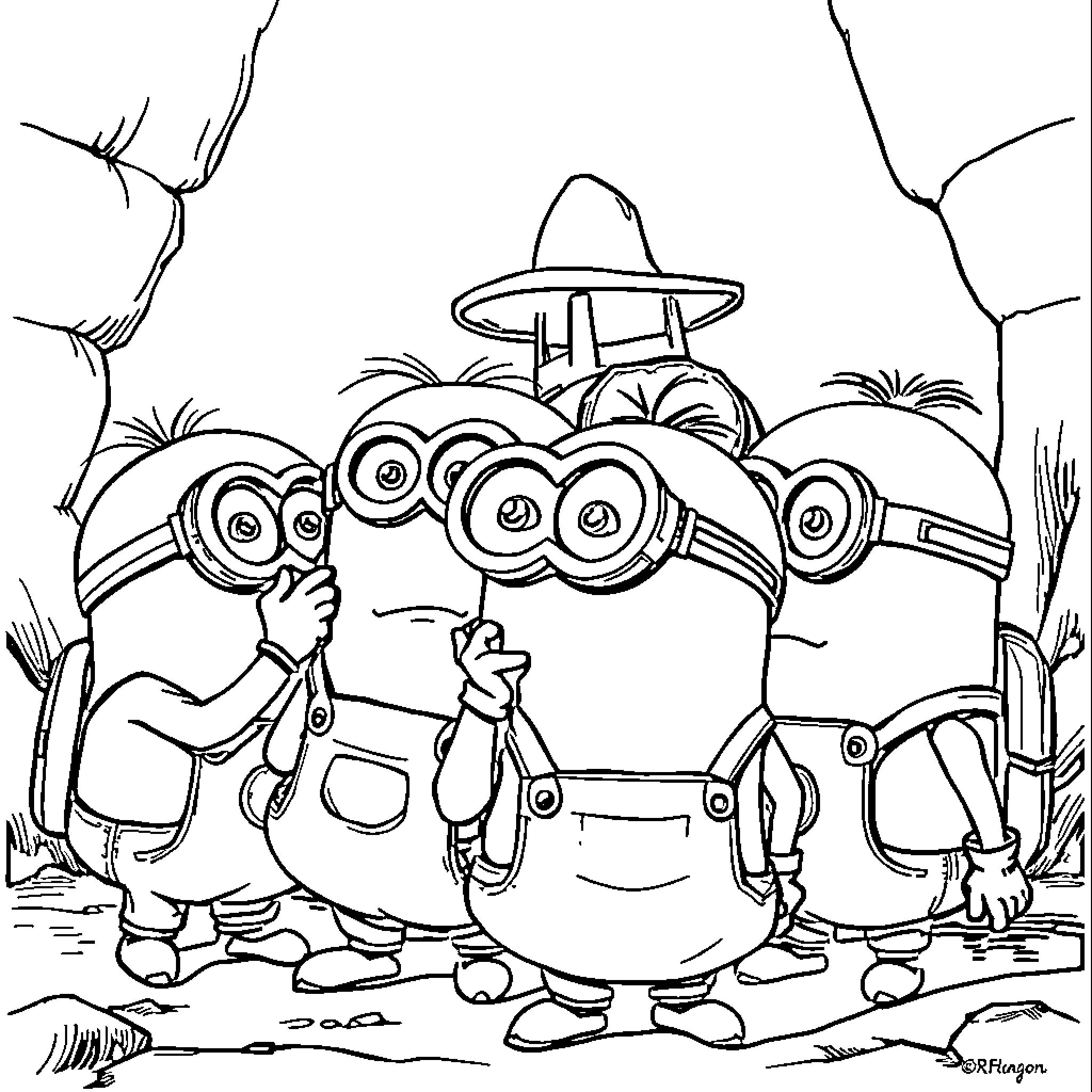 Minions exploring a mysterious cave together Coloring Page (free black-and-white line drawing printable PDF for all, from beginners to advanced learners, including children, teens, adults, and seniors)