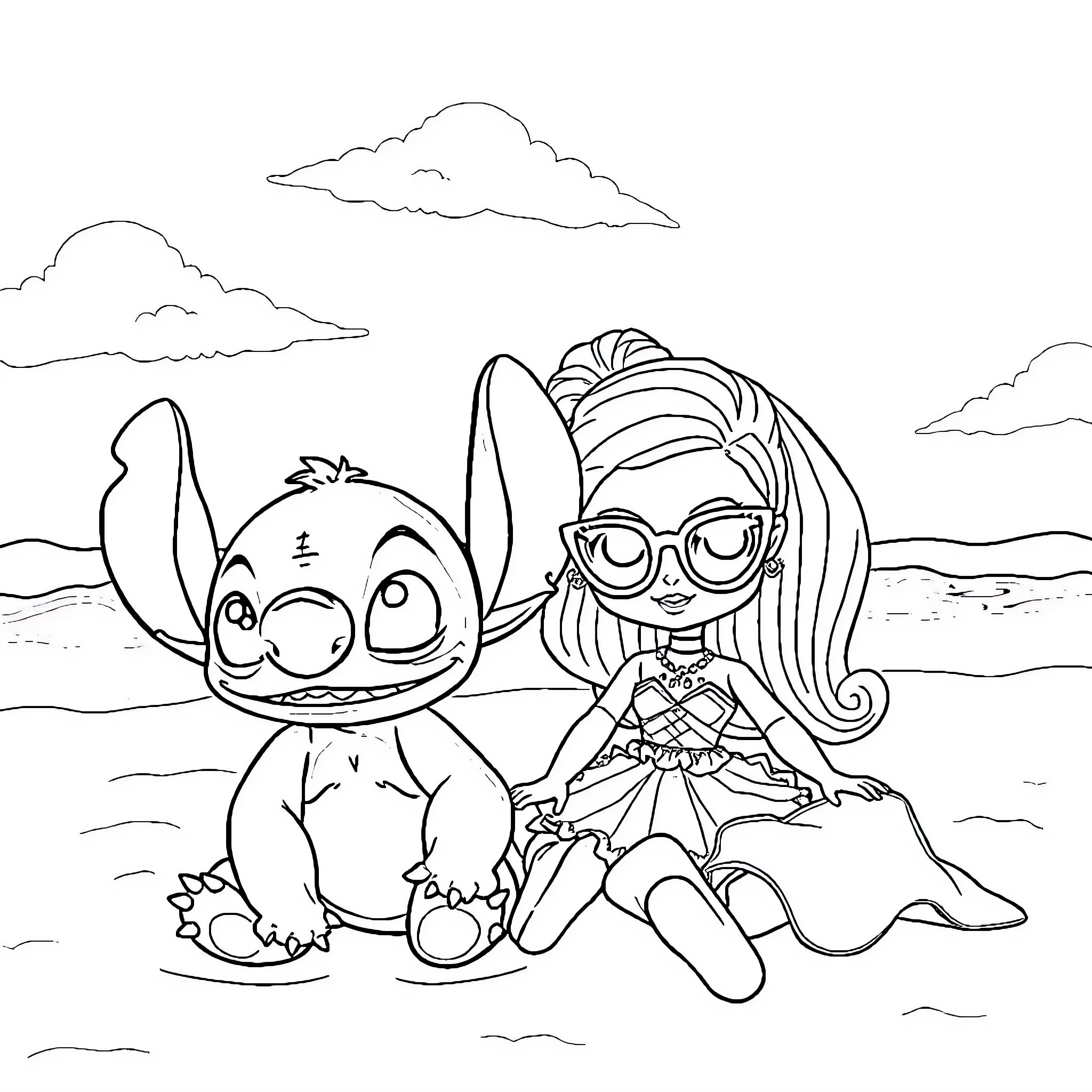 Doll and Furry Friend Enjoying Beach Adventure Coloring Page (free black-and-white line drawing printable PDF for all, from beginners to advanced learners, including children, teens, adults, and seniors)