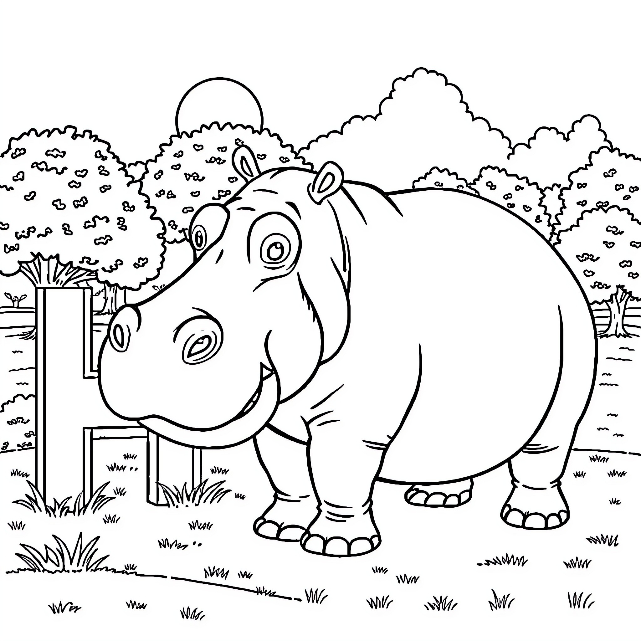 Hippo peeking through a fence in the park Coloring Page (free black-and-white line drawing printable PDF for all, from beginners to advanced learners, including children, teens, adults, and seniors)