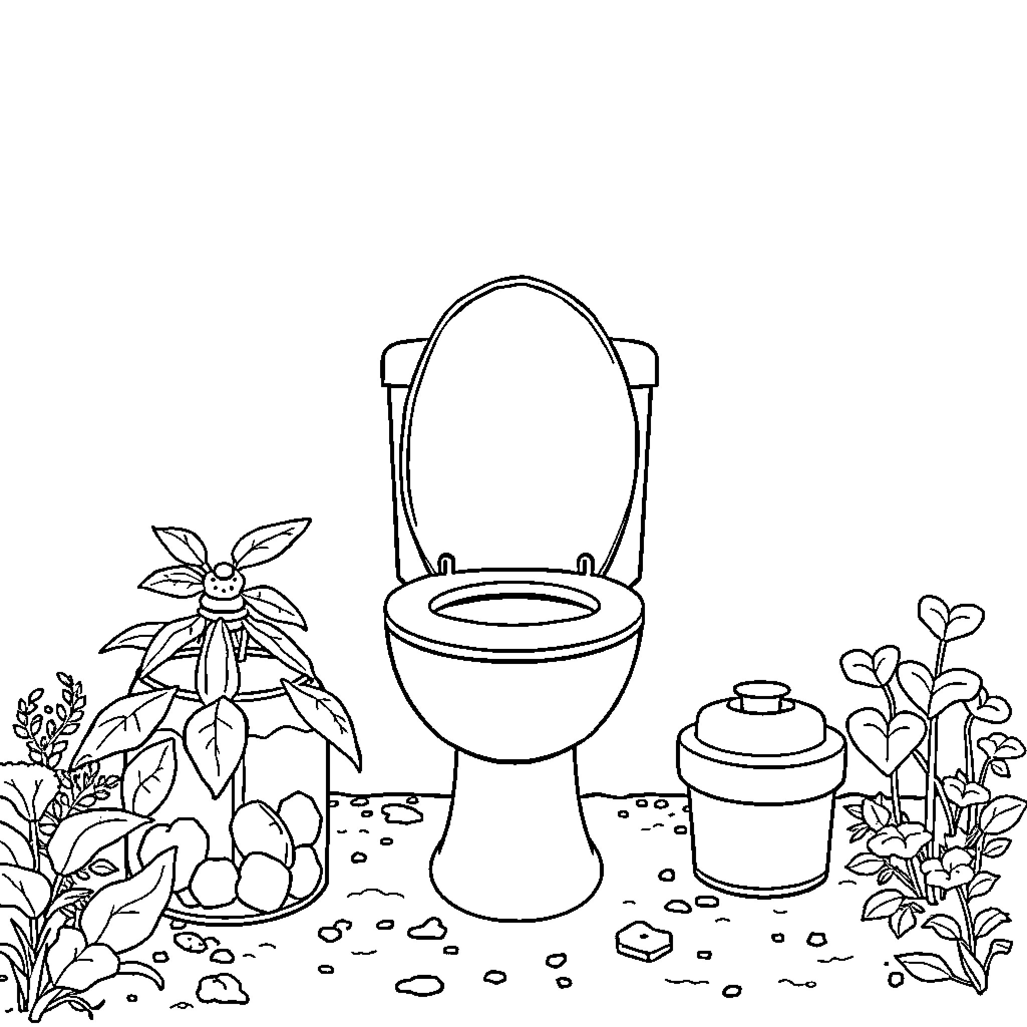 Toilet with nature and potted plants Coloring Page (free black-and-white line drawing printable PDF for all, from beginners to advanced learners, including children, teens, adults, and seniors)
