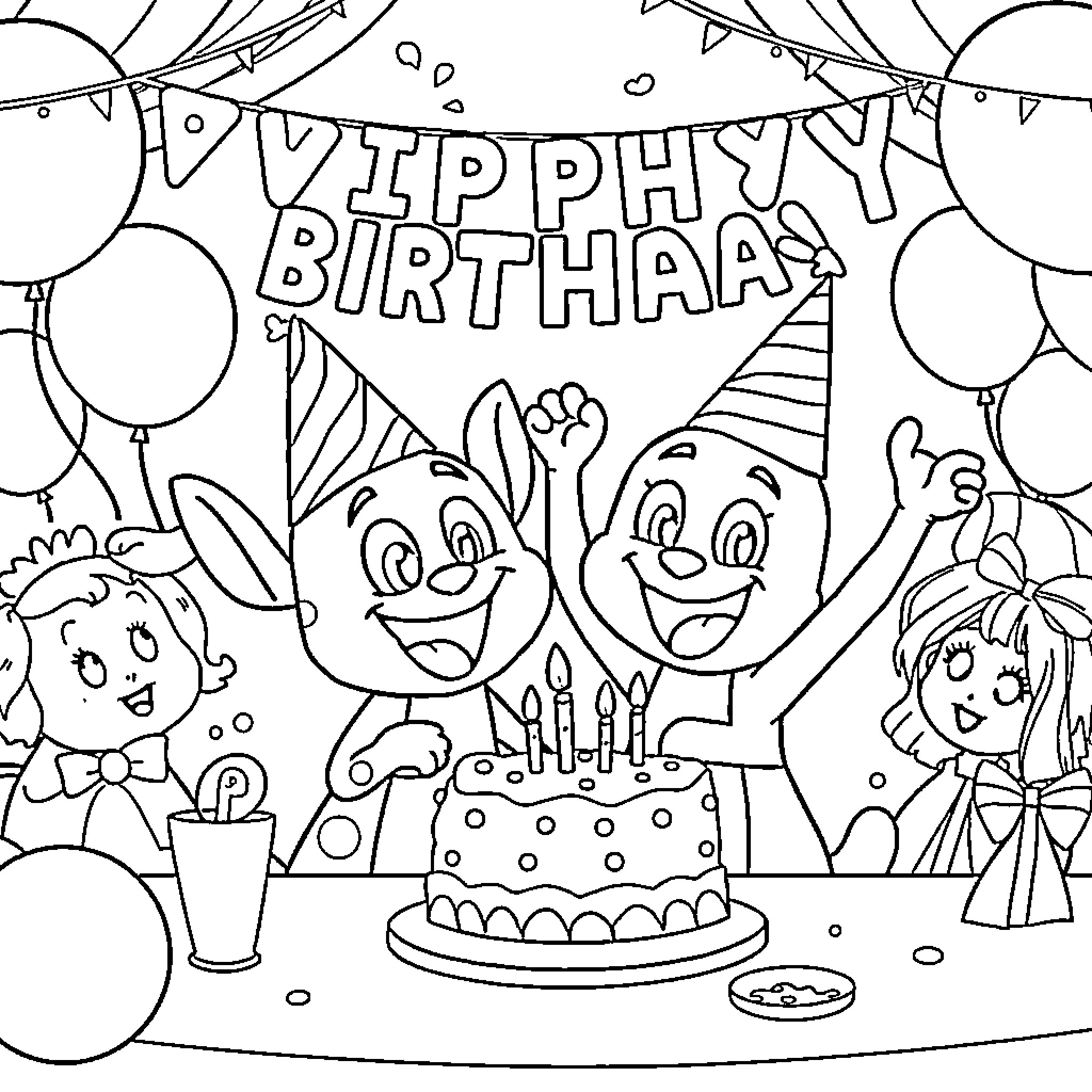 Bluey's Joyful Birthday Celebration Coloring Page (free black-and-white line drawing printable PDF for all, from beginners to advanced learners, including children, teens, adults, and seniors)
