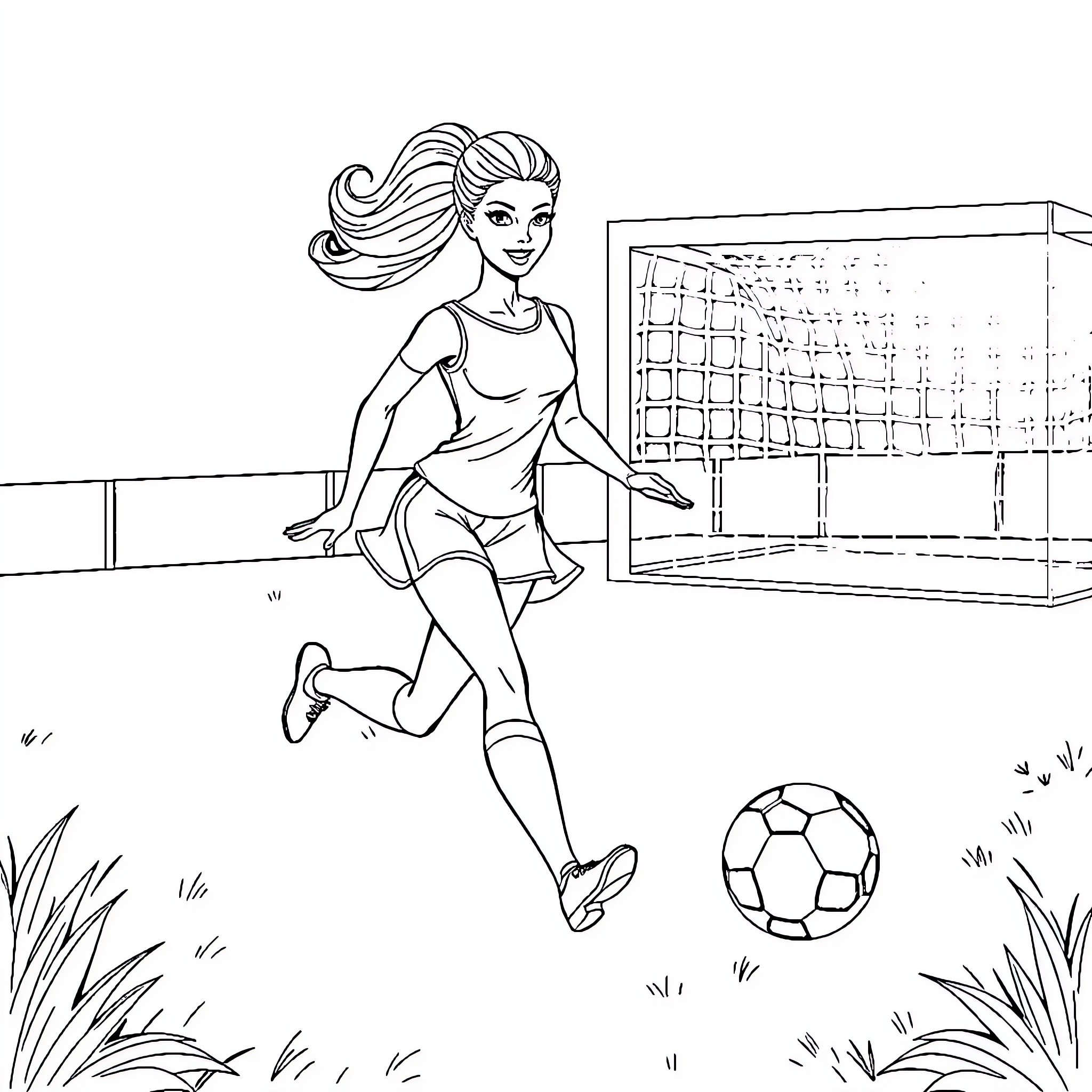 Barbie playing soccer on the field Coloring Page (free black-and-white line drawing printable PDF for all, from beginners to advanced learners, including children, teens, adults, and seniors)