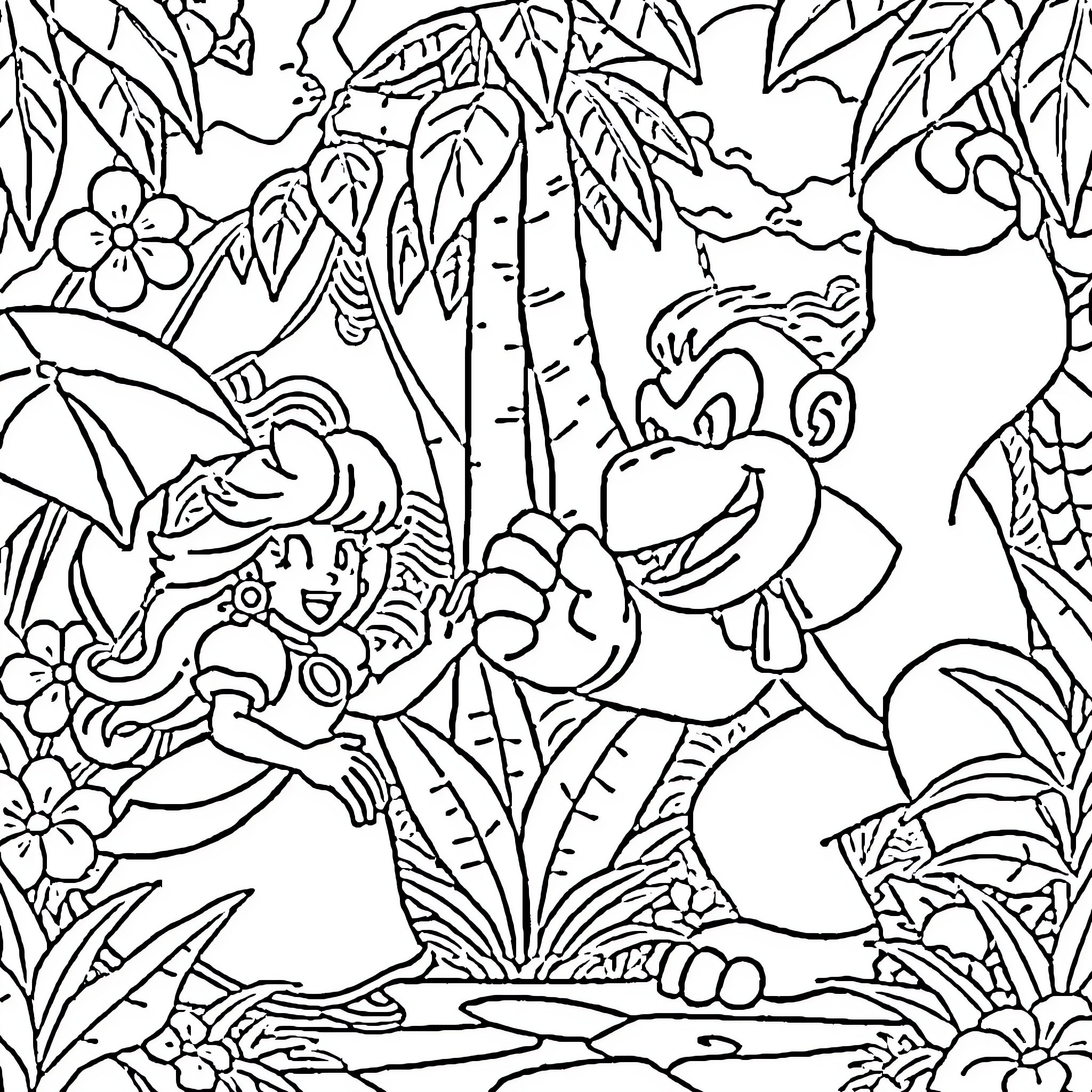Peach Colored Cartoon Characters in Jungle Setting Coloring Page (free black-and-white line drawing printable PDF for all, from beginners to advanced learners, including children, teens, adults, and seniors)