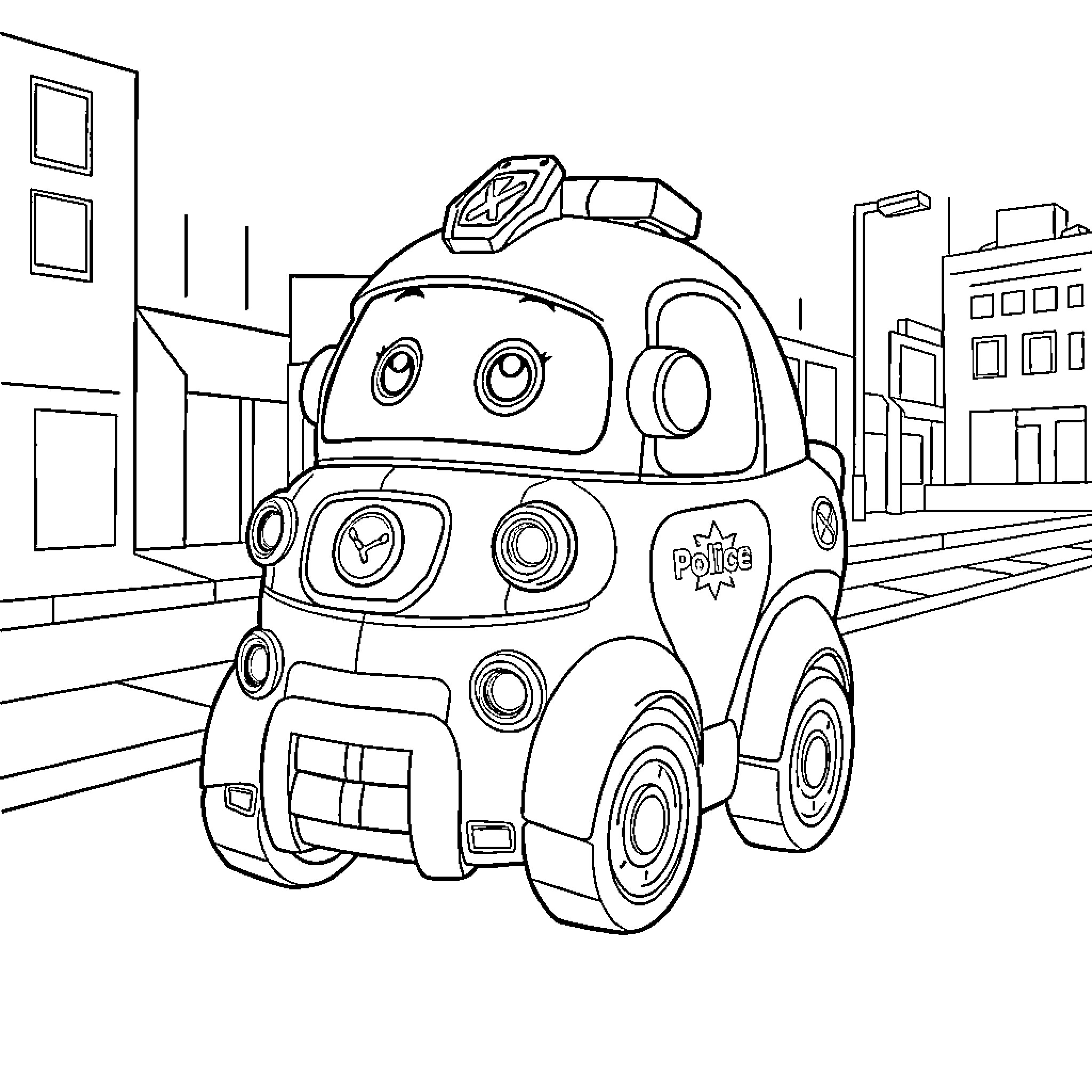 Robocar Poli police car in the city street Coloring Page (free black-and-white line drawing printable PDF for all, from beginners to advanced learners, including children, teens, adults, and seniors)
