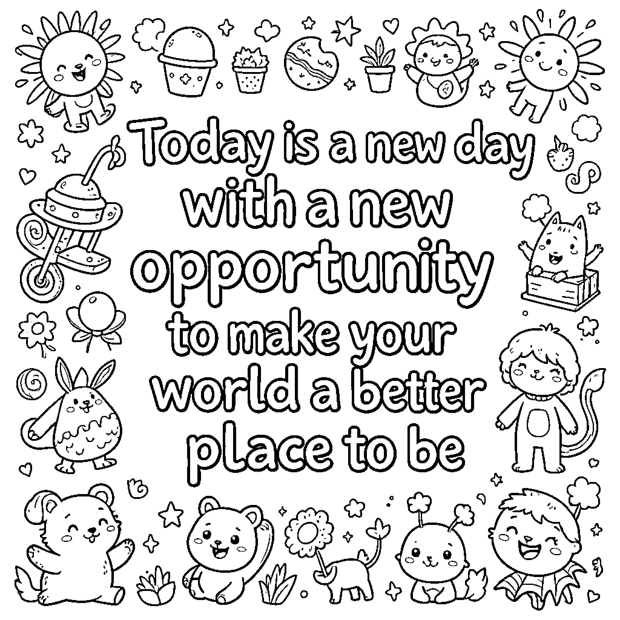 Doodle of cute characters surrounding an inspirational quote Coloring Page (free black-and-white line drawing printable PDF for all, from beginners to advanced learners, including children, teens, adults, and seniors)