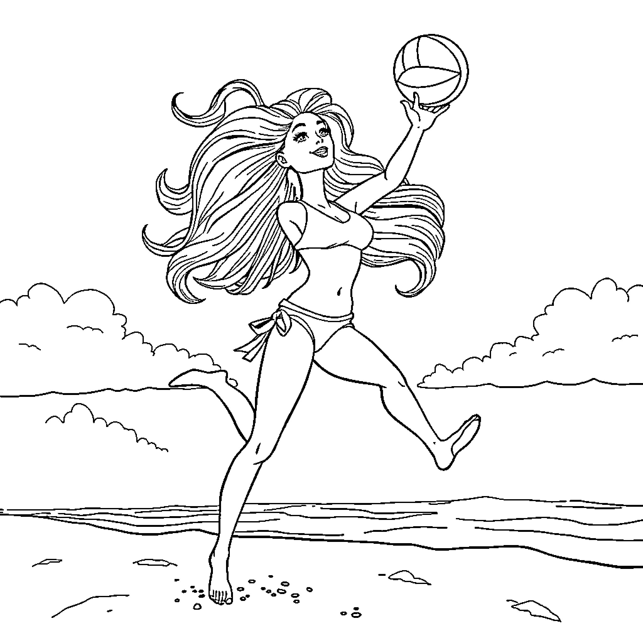 Barbie playing with beachball in the waves Coloring Page (free black-and-white line drawing printable PDF for all, from beginners to advanced learners, including children, teens, adults, and seniors)