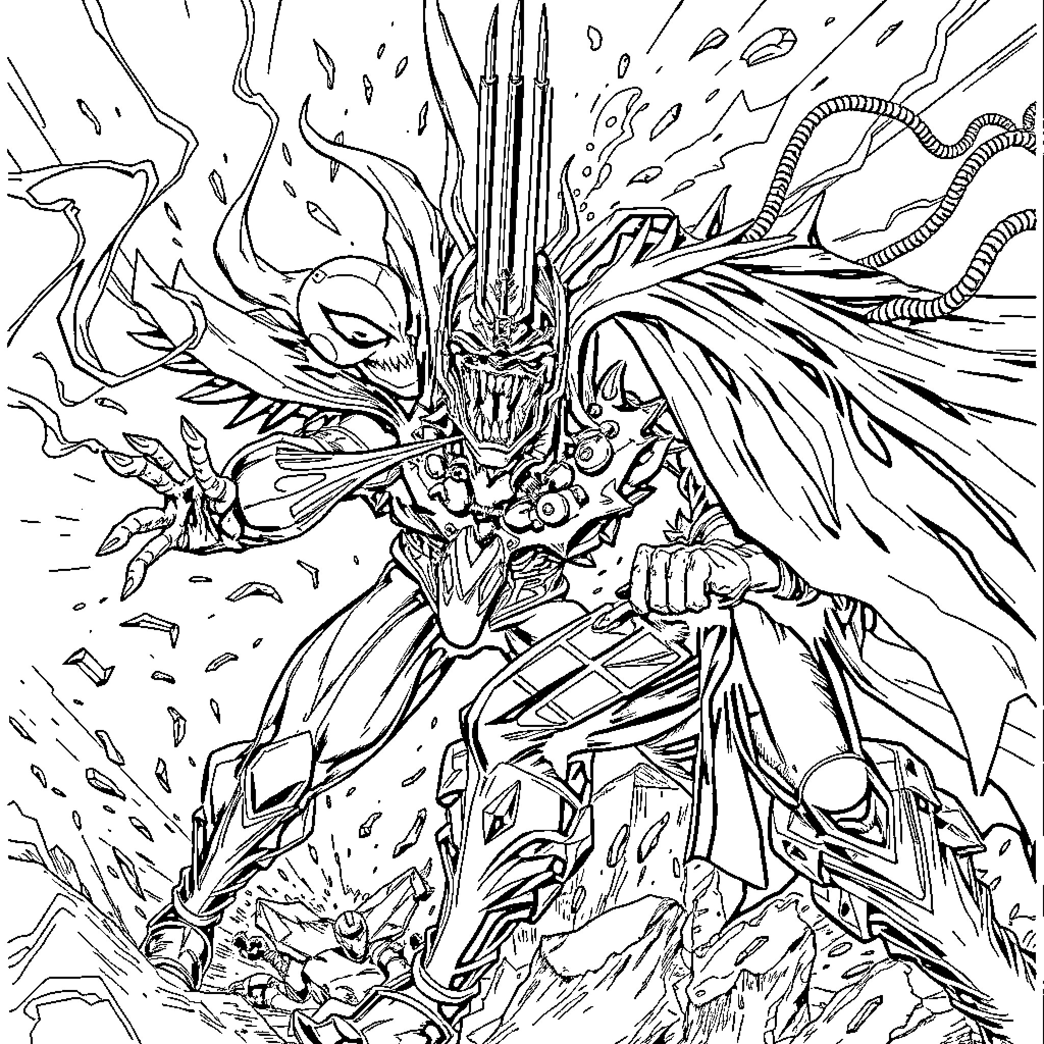 Spawn: Fearsome Demonic Entity in Chaotic Battle Coloring Page (free black-and-white line drawing printable PDF for all, from beginners to advanced learners, including children, teens, adults, and seniors)