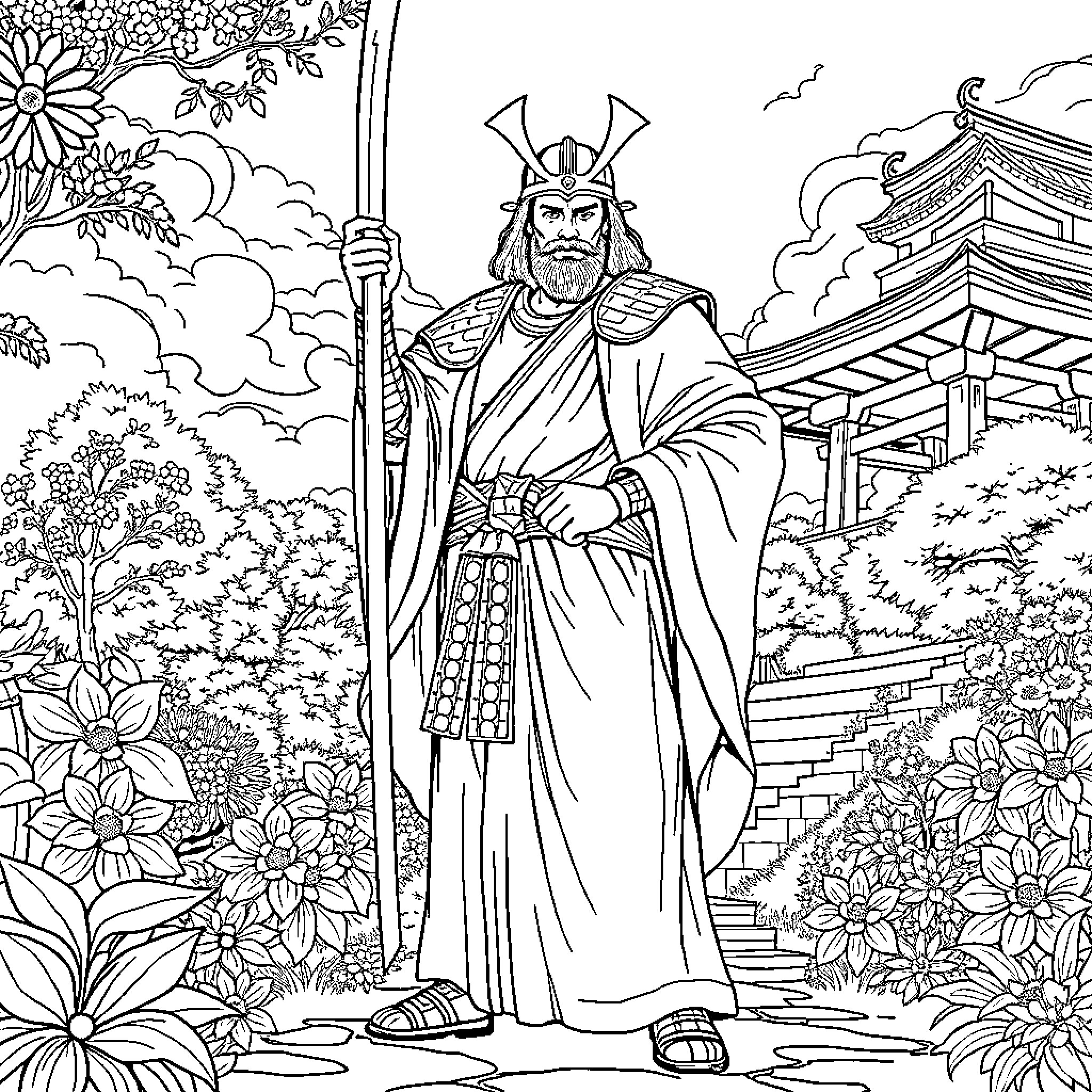 Samurai Warrior Standing Tall in Ornate Landscape Coloring Page (free black-and-white line drawing printable PDF for all, from beginners to advanced learners, including children, teens, adults, and seniors)