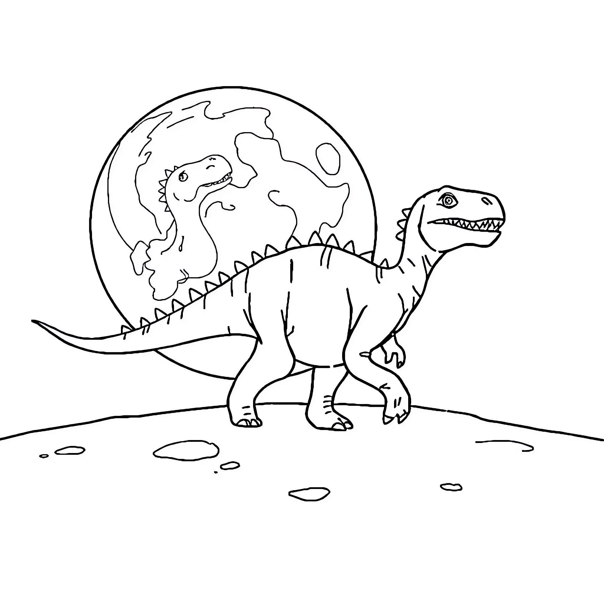 Dinosaur in prehistoric landscape Coloring Page (free black-and-white line drawing printable PDF for all, from beginners to advanced learners, including children, teens, adults, and seniors)