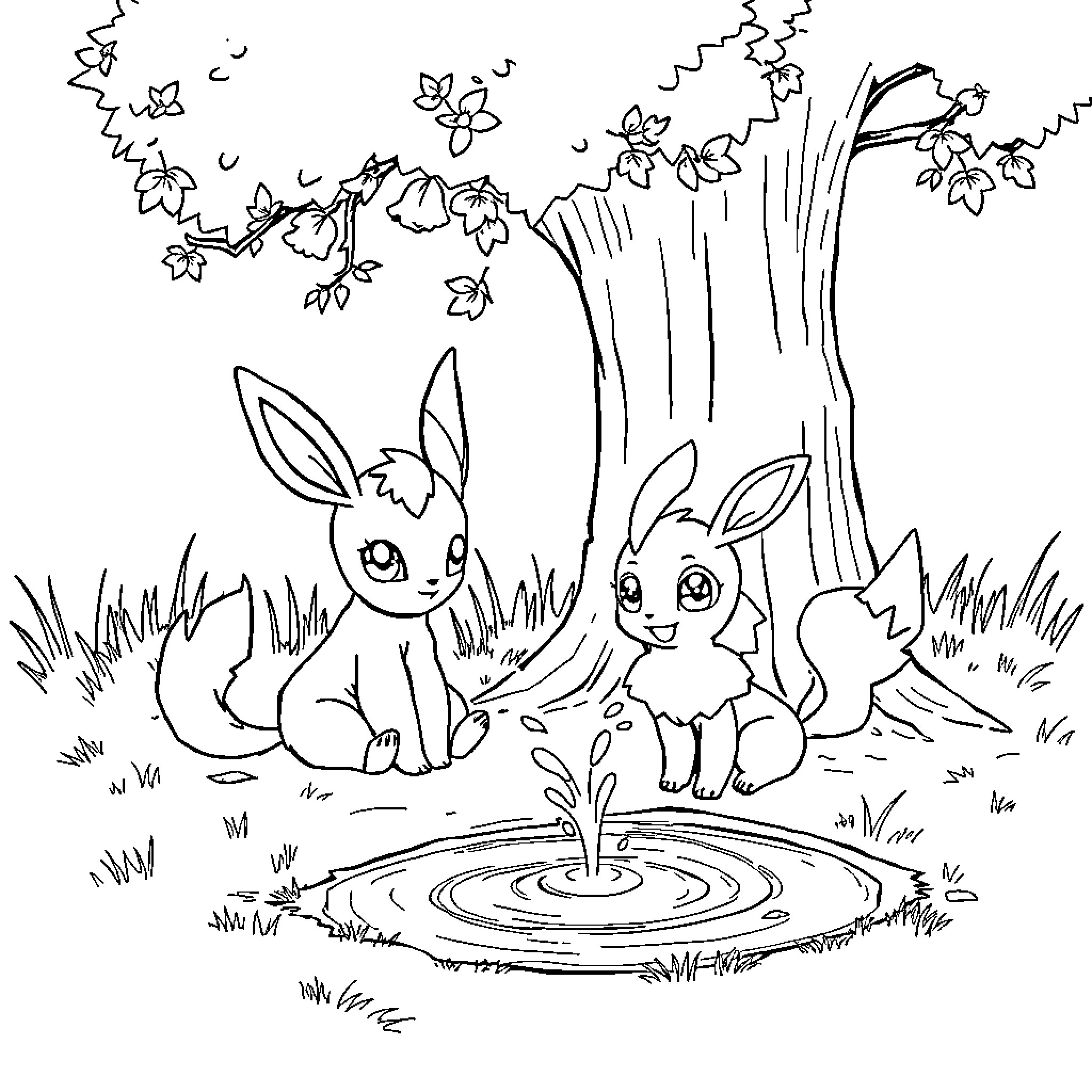 Umbreon and friends exploring nature Coloring Page (free black-and-white line drawing printable PDF for all, from beginners to advanced learners, including children, teens, adults, and seniors)