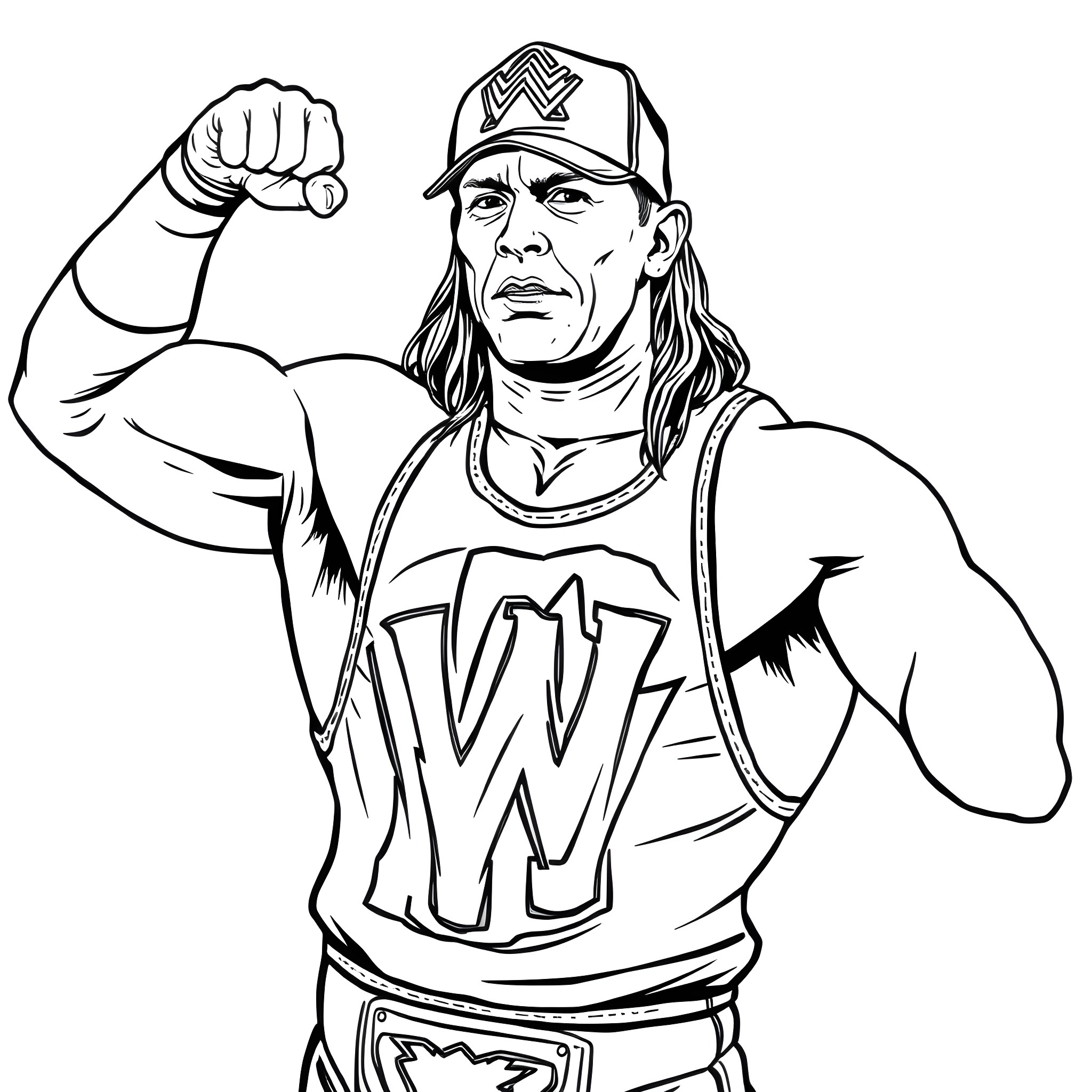 John Cena Flexing Muscles in Wrestler Outfit Coloring Page (free black-and-white line drawing printable PDF for all, from beginners to advanced learners, including children, teens, adults, and seniors)
