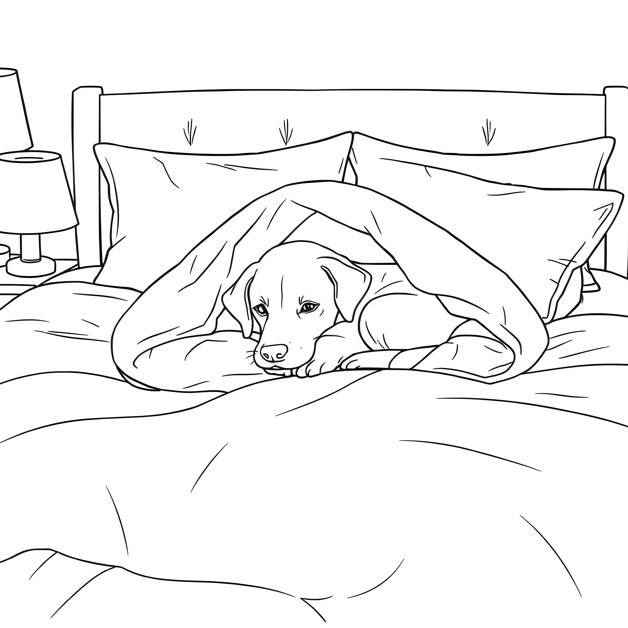 Dog resting comfortably on bed Coloring Page (free black-and-white line drawing printable PDF for all, from beginners to advanced learners, including children, teens, adults, and seniors)
