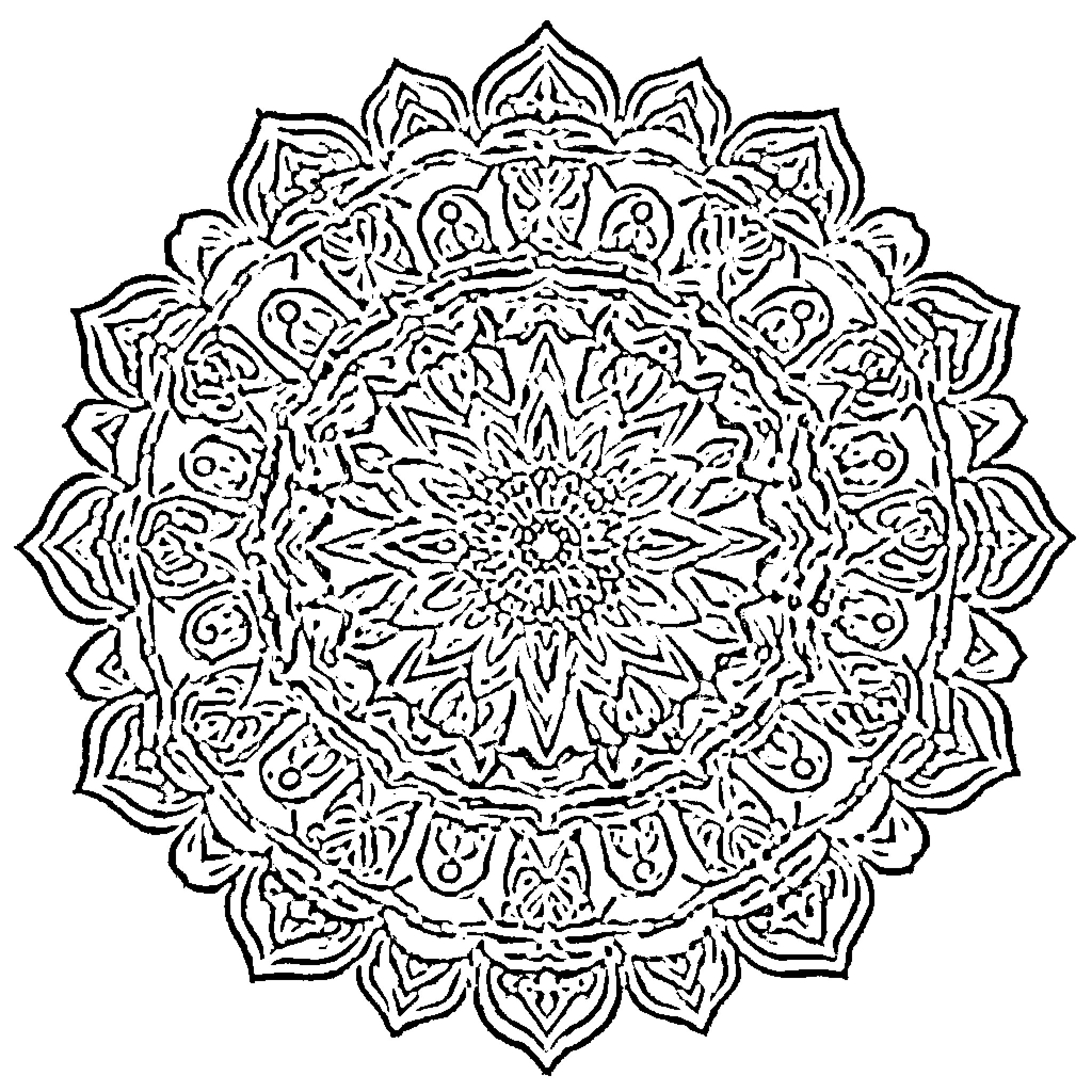 Mandala design with intricate patterns and symmetry Coloring Page (free black-and-white line drawing printable PDF for all, from beginners to advanced learners, including children, teens, adults, and seniors)