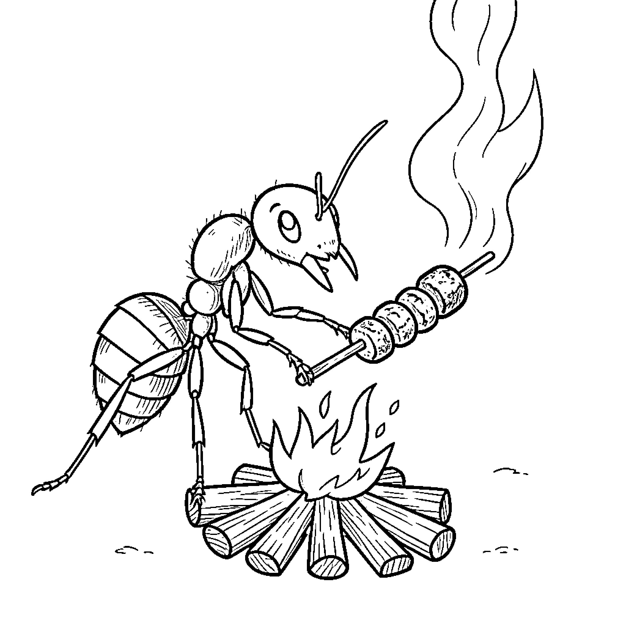 Ant roasting marshmallows over a campfire Coloring Page (free black-and-white line drawing printable PDF for all, from beginners to advanced learners, including children, teens, adults, and seniors)