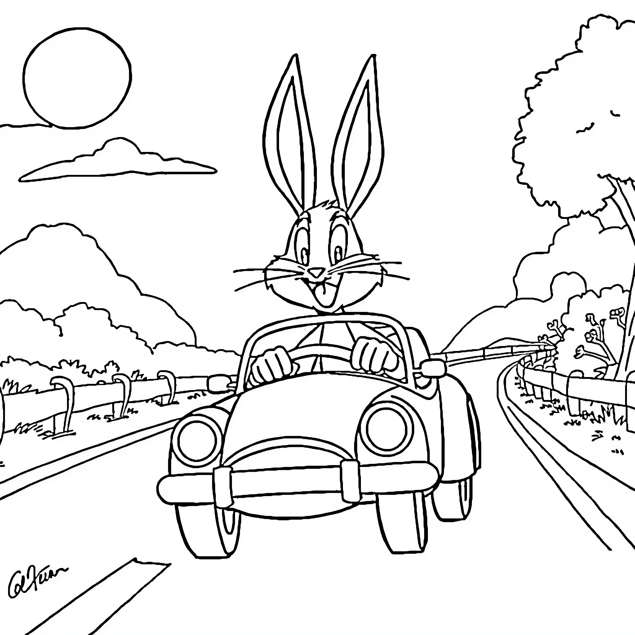 Bugs Bunny driving a car on the road Coloring Page (free black-and-white line drawing printable PDF for all, from beginners to advanced learners, including children, teens, adults, and seniors)