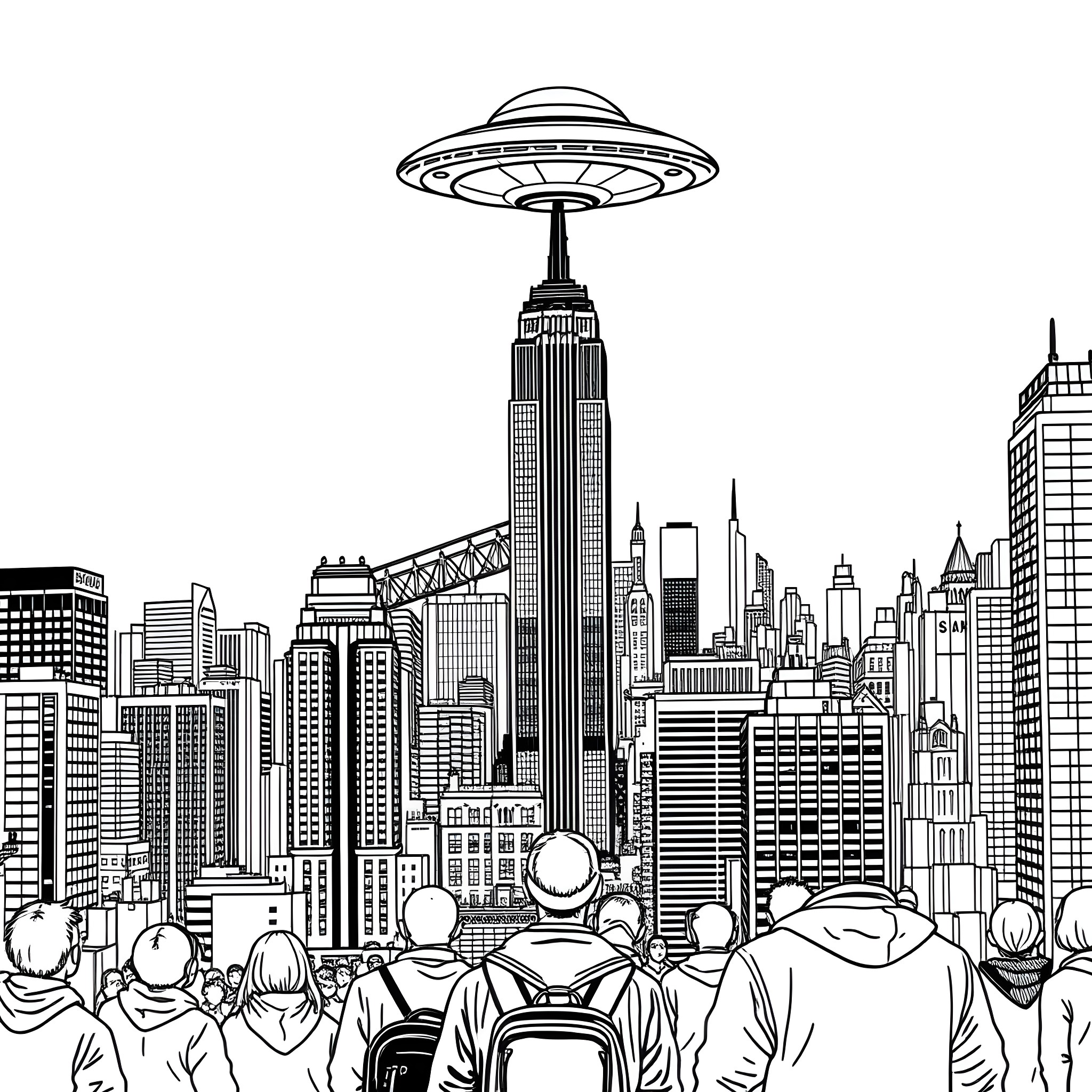 UFO spotted hovering over bustling city skyline Coloring Page (free black-and-white line drawing printable PDF for all, from beginners to advanced learners, including children, teens, adults, and seniors)
