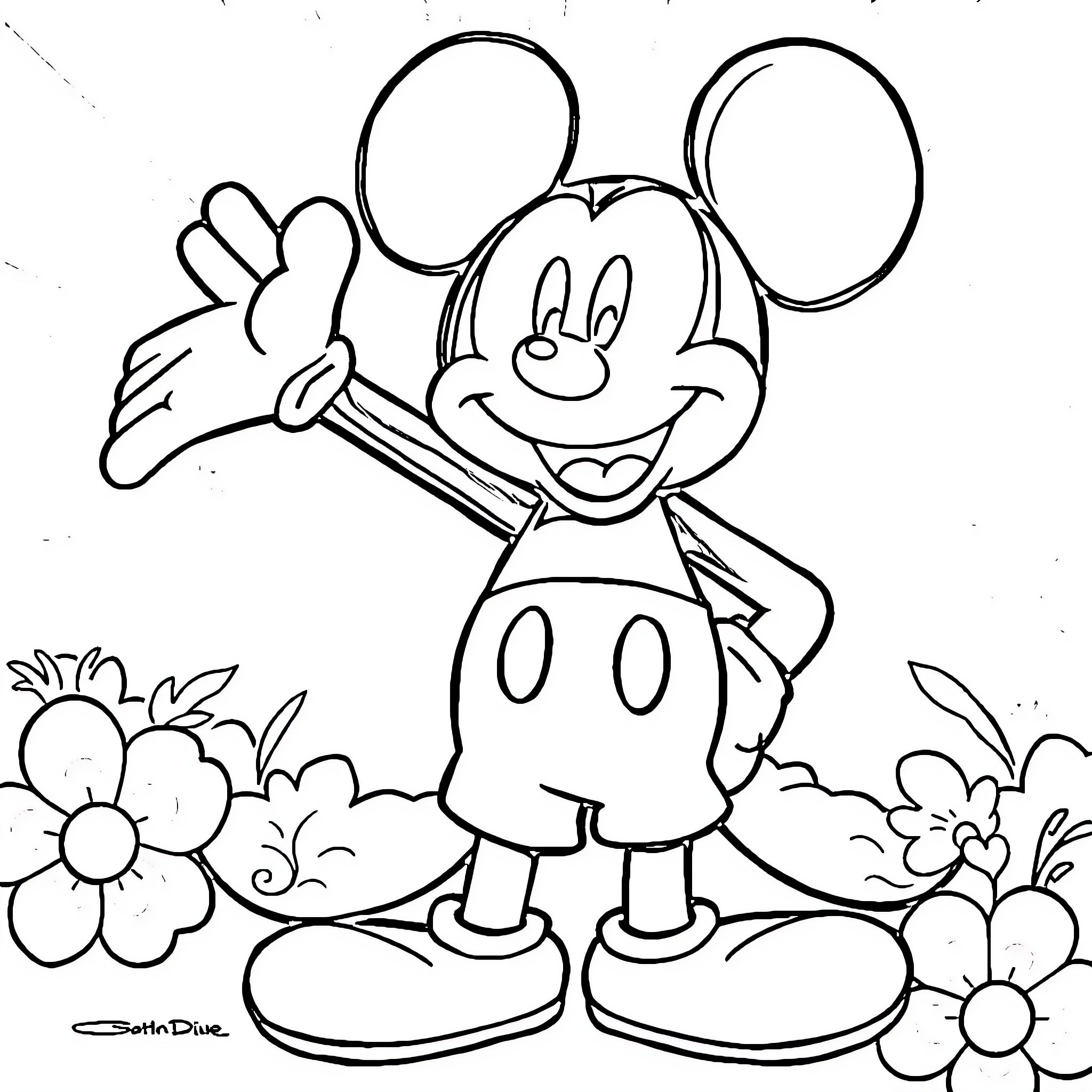 Mickey Mouse waving in a garden Coloring Page (free black-and-white line drawing printable PDF for all, from beginners to advanced learners, including children, teens, adults, and seniors)