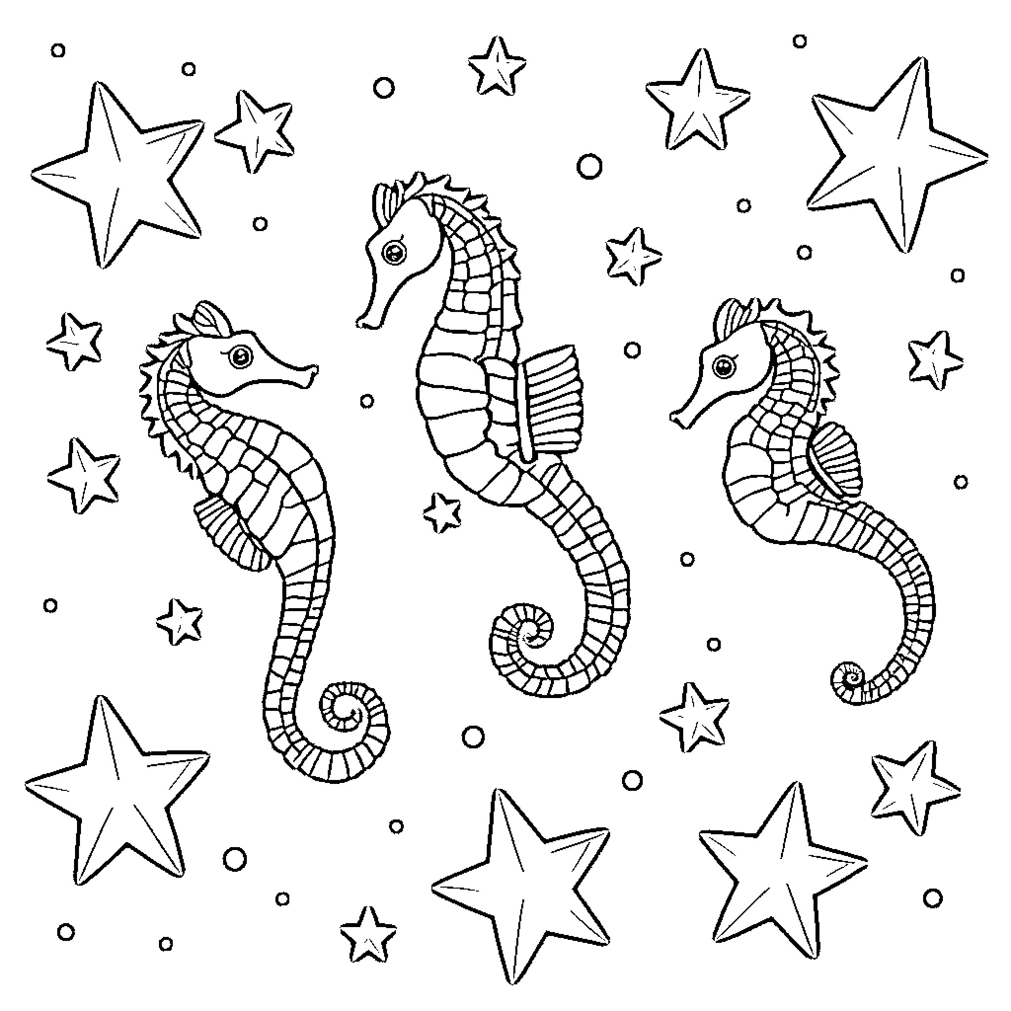 Seahorses dancing among the stars Coloring Page (free black-and-white line drawing printable PDF for all, from beginners to advanced learners, including children, teens, adults, and seniors)