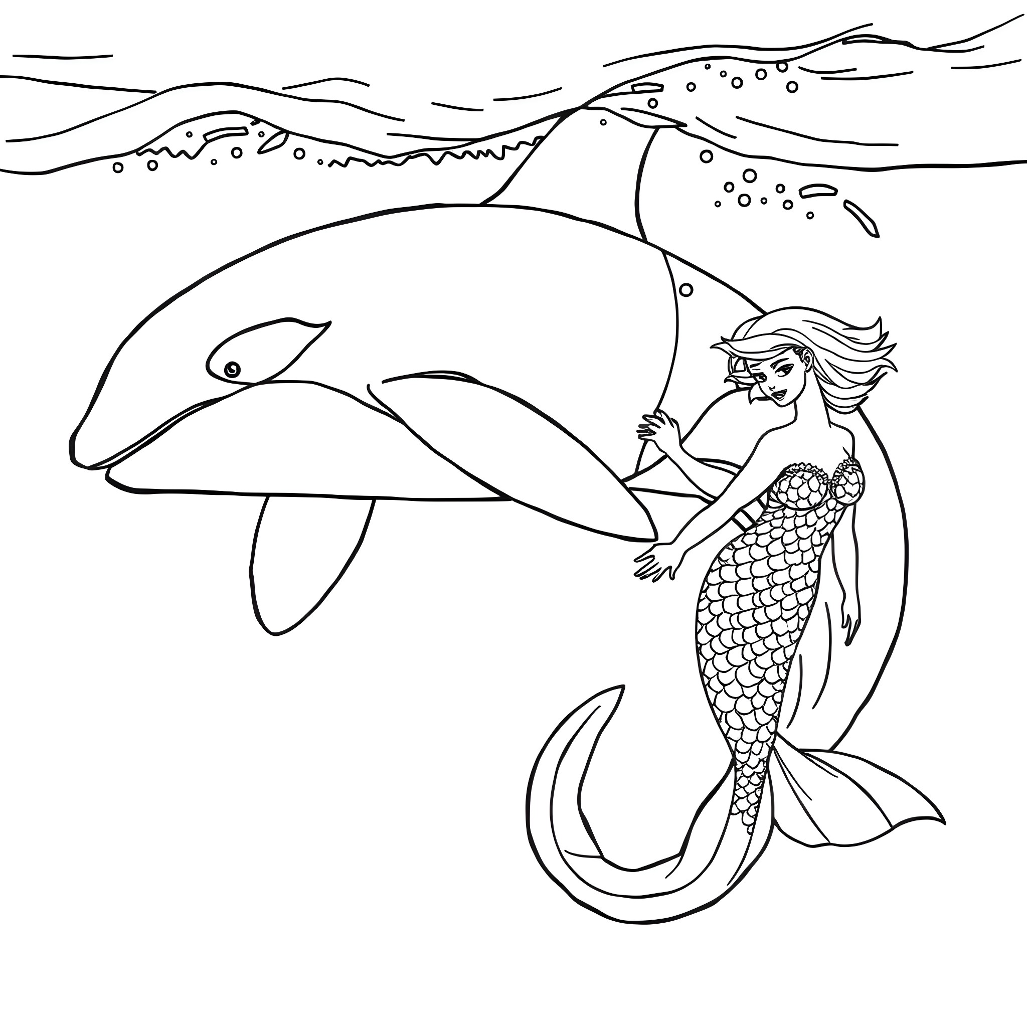 Orca and Mermaid Swimming in the Ocean Coloring Page (free black-and-white line drawing printable PDF for all, from beginners to advanced learners, including children, teens, adults, and seniors)