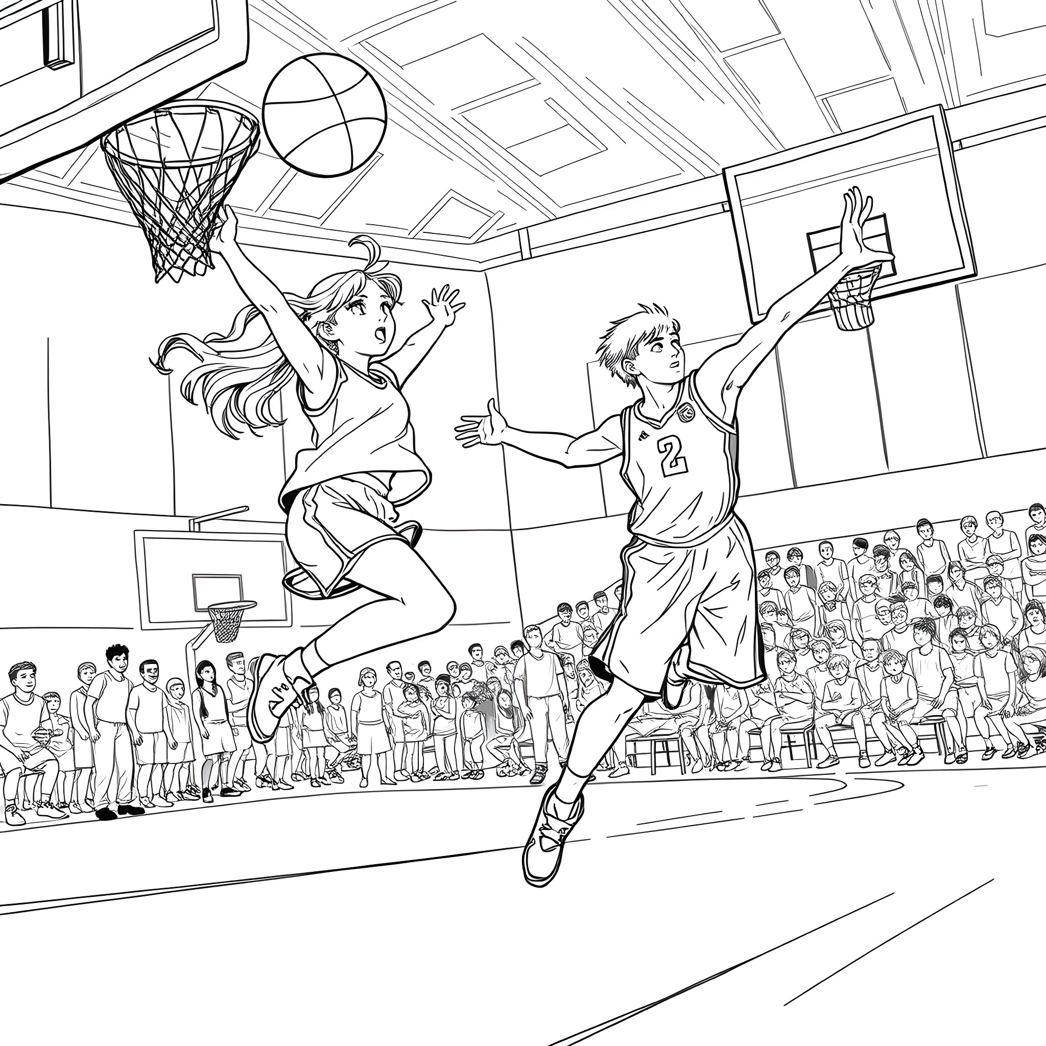 Basketball Players Competing in High-Energy Game Coloring Page (free black-and-white line drawing printable PDF for all, from beginners to advanced learners, including children, teens, adults, and seniors)