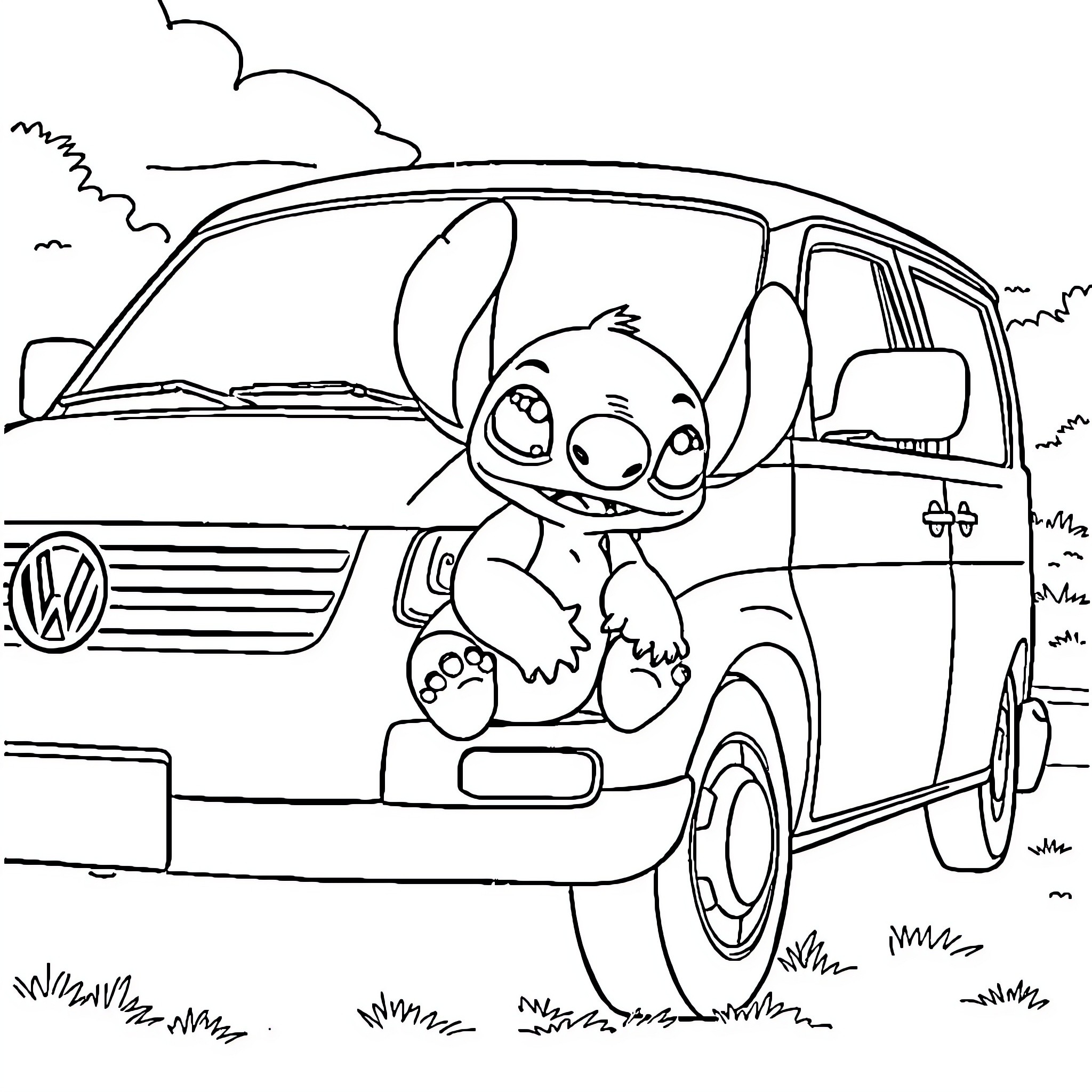 Volkswagen cartoon character sitting in the van Coloring Page (free black-and-white line drawing printable PDF for all, from beginners to advanced learners, including children, teens, adults, and seniors)