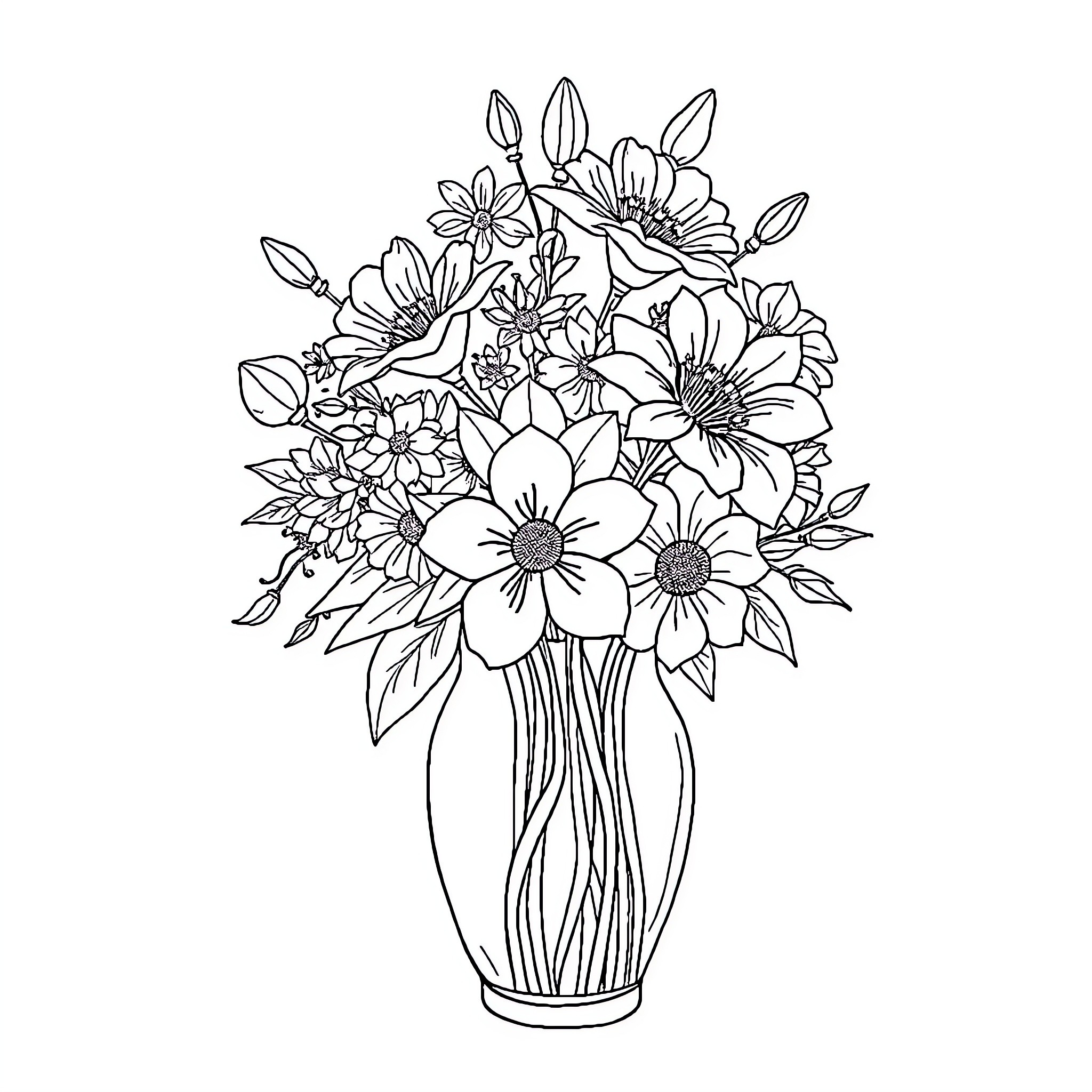 Flower Bouquet in Vase Coloring Page (free black-and-white line drawing printable PDF for all, from beginners to advanced learners, including children, teens, adults, and seniors)