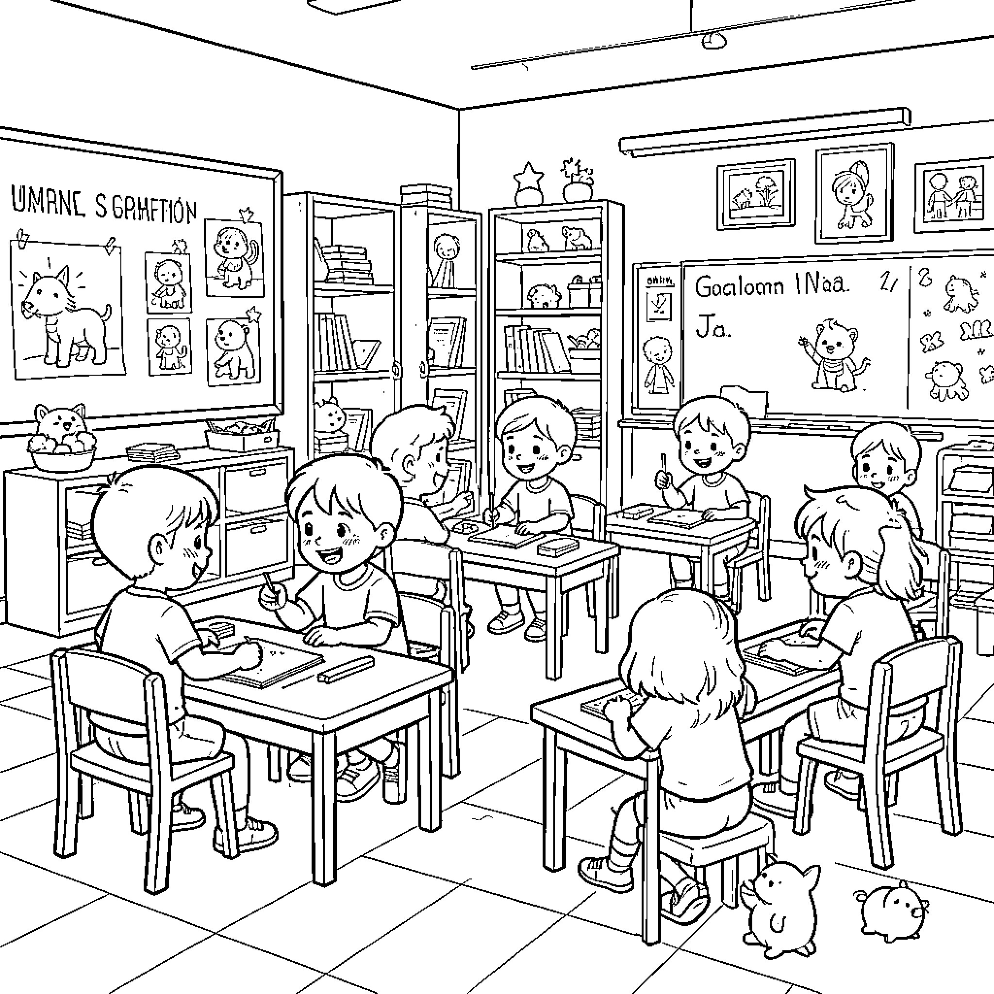 Class of children sitting at desks and drawing Coloring Page (free black-and-white line drawing printable PDF for all, from beginners to advanced learners, including children, teens, adults, and seniors)