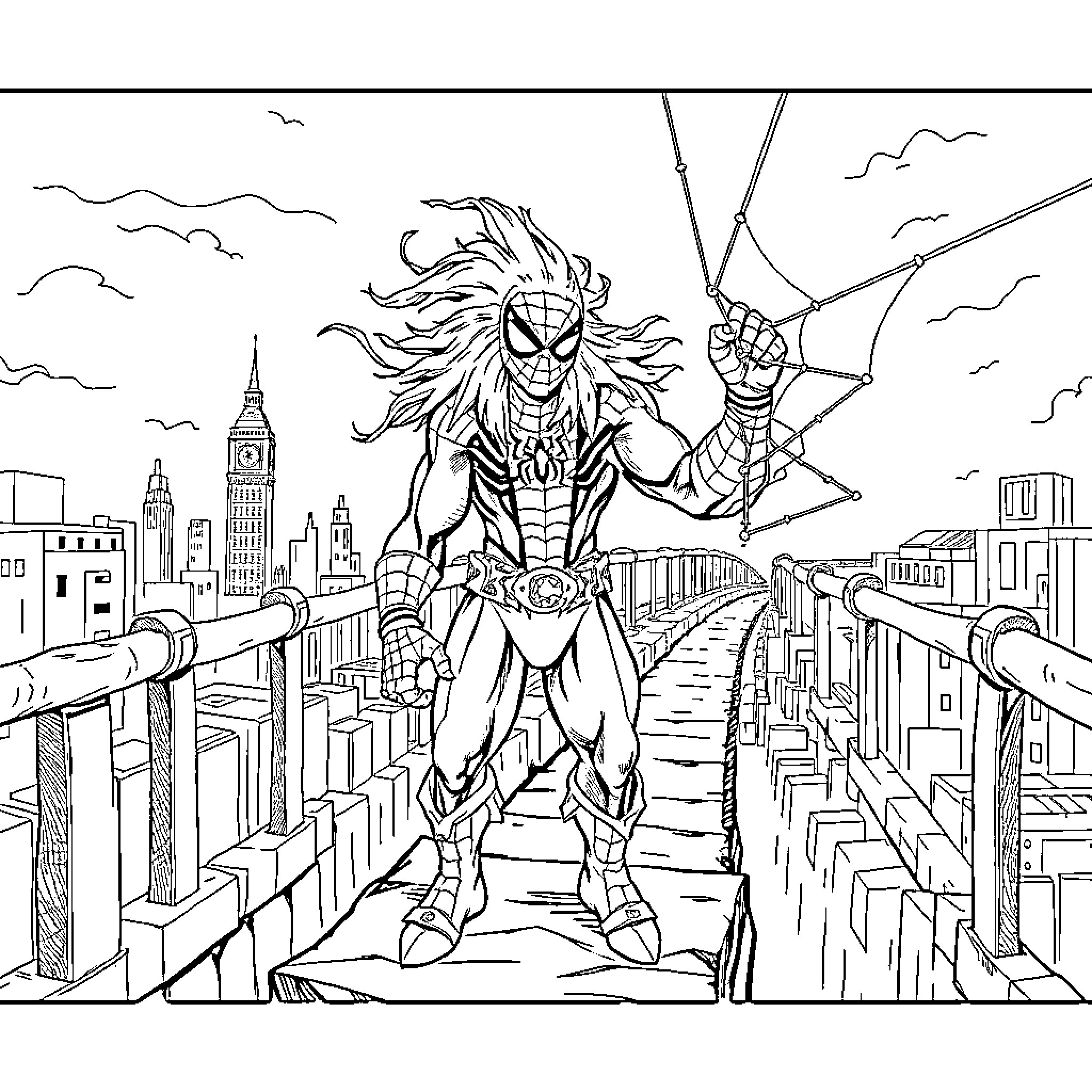 Spiderman swinging through the city skyline Coloring Page (free black-and-white line drawing printable PDF for all, from beginners to advanced learners, including children, teens, adults, and seniors)